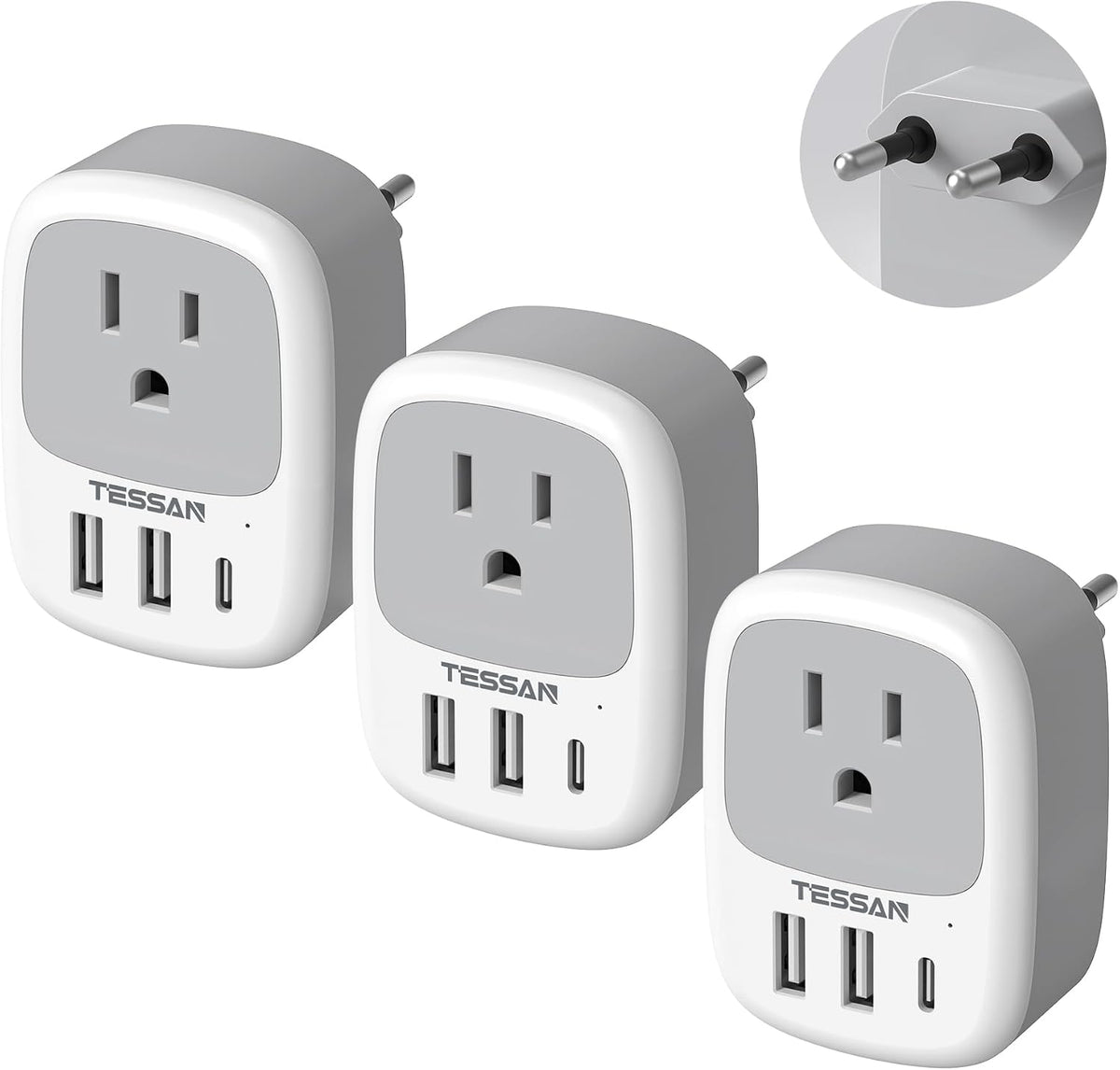 TESSAN US to UK Plug Adapter, Type‑G Adaptor 3‑Pack | 3 USB Ports (1 USB‑C), for Ireland Scotland Dubai Hong Kong Kenya London England