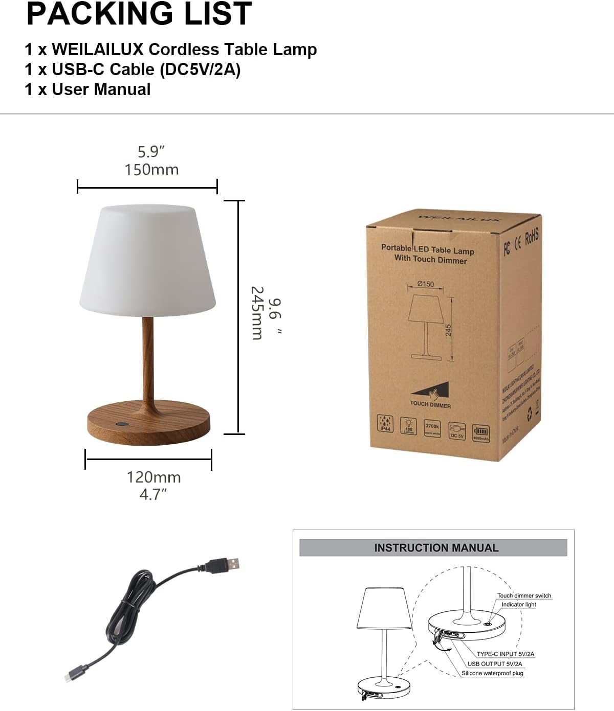 WEILAILUX Outdoor Battery Operated Table Lamp Waterproof, 4000mAh Cordless Table Lamp Rechargeable, Touch Dimmable Desk Lamp, LED Night Light for Patio Camping Restaurant Home (Wood Grain, 9.6in)