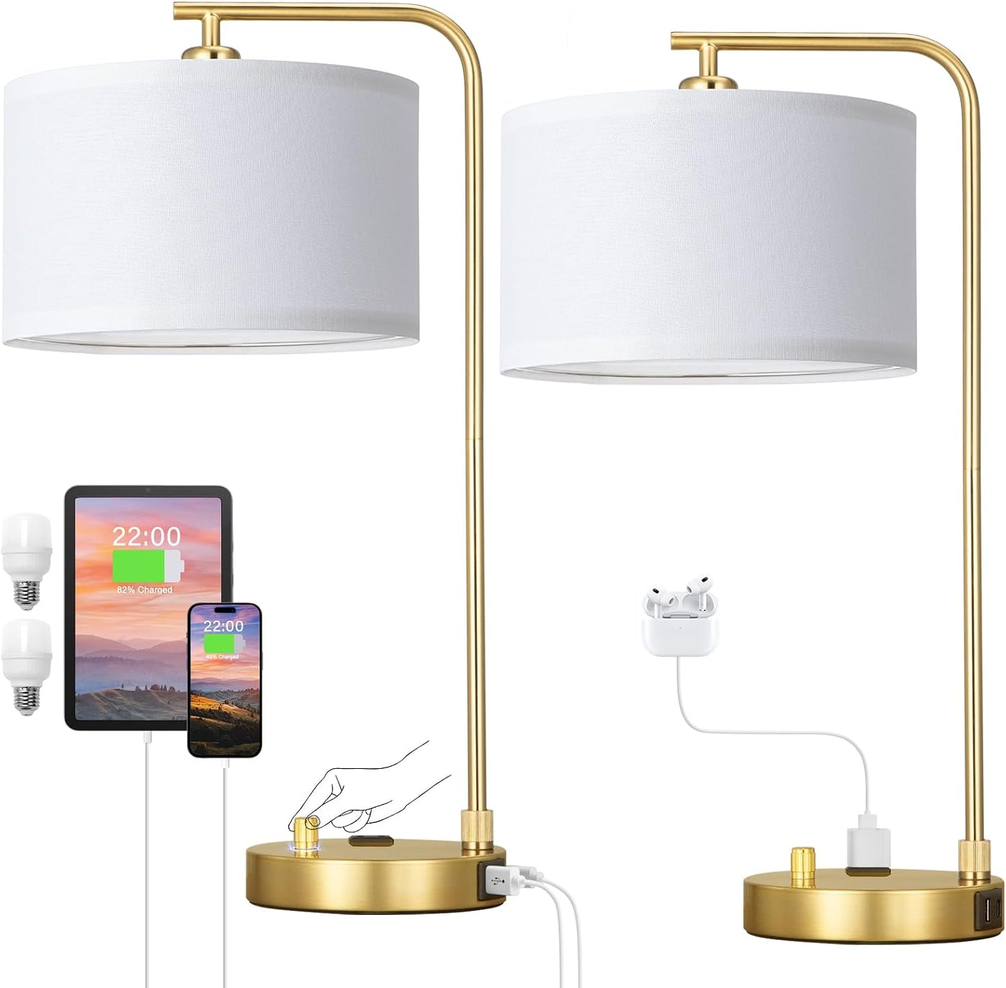 Gold Bedside Lamps Set of 2, Fully Dimmable Lamps for Night Stands, USB A+C | Modern, Linen Lampshade, USB Port and Outlet, Tall Desk Lamps for Bedroom, Nightstand, Living Room, Home Office, End Table