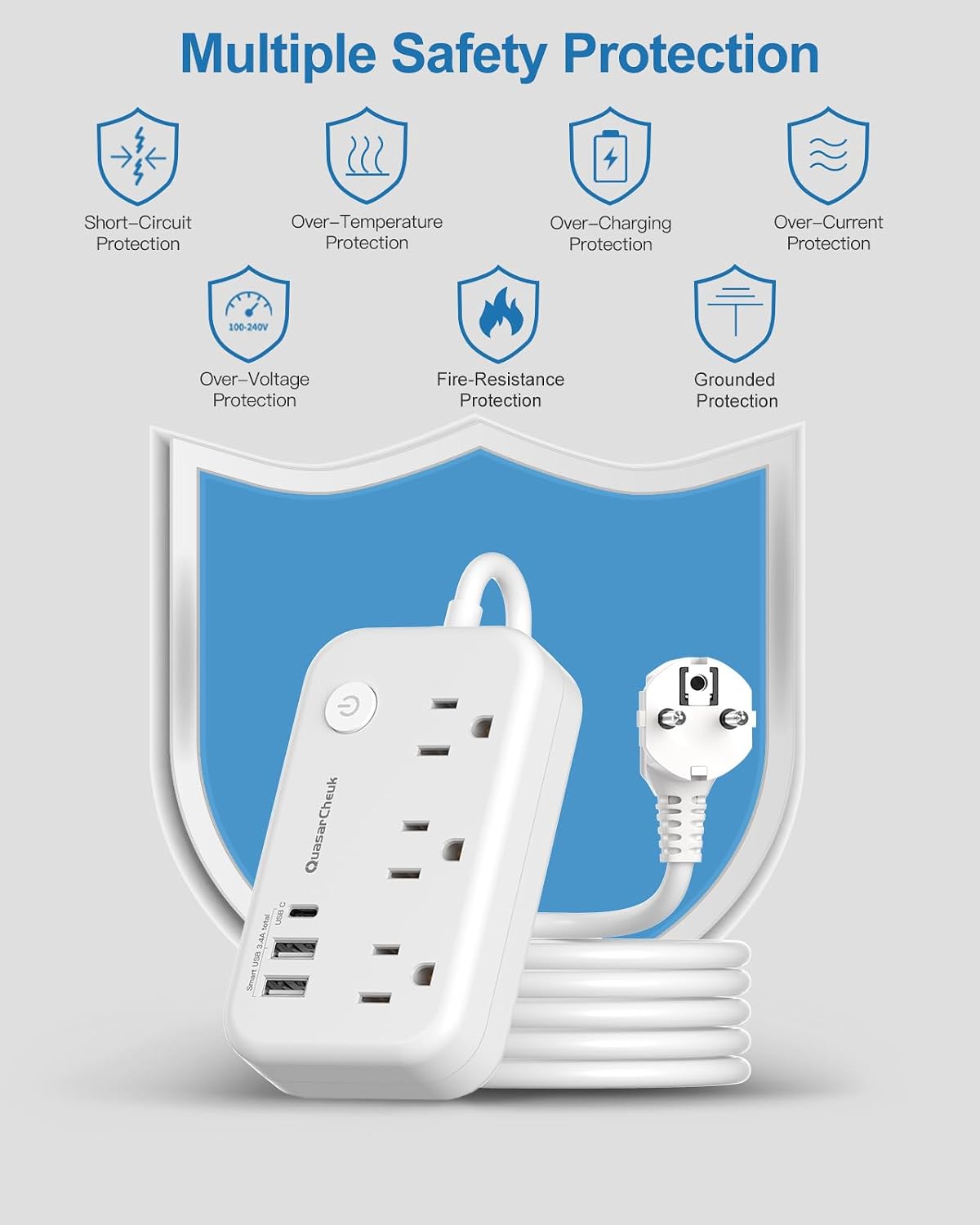 Type E/F Plug Adapter, European Plug Adapter, Germany France Travel Adapter | 3 USB, 3 Outlets, Portable, 4000W, USB-C(15W), 4FT, Schuko Plug for US to Europe EU Spain Iceland Korea Greece Norway Russia