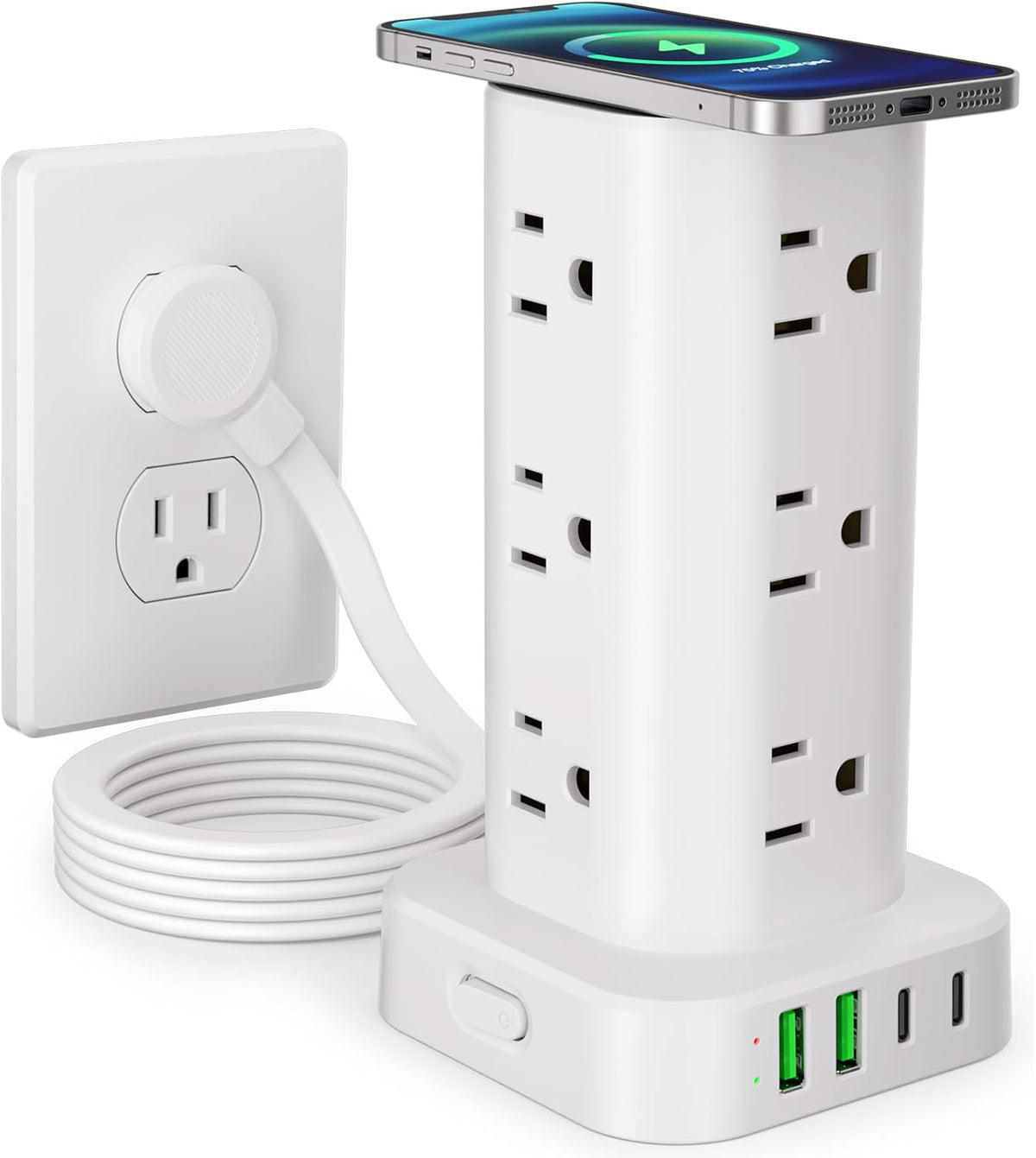 6FT Power Strip Tower Surge Protector, 12 Wide Spaced Outlets, 4 USB