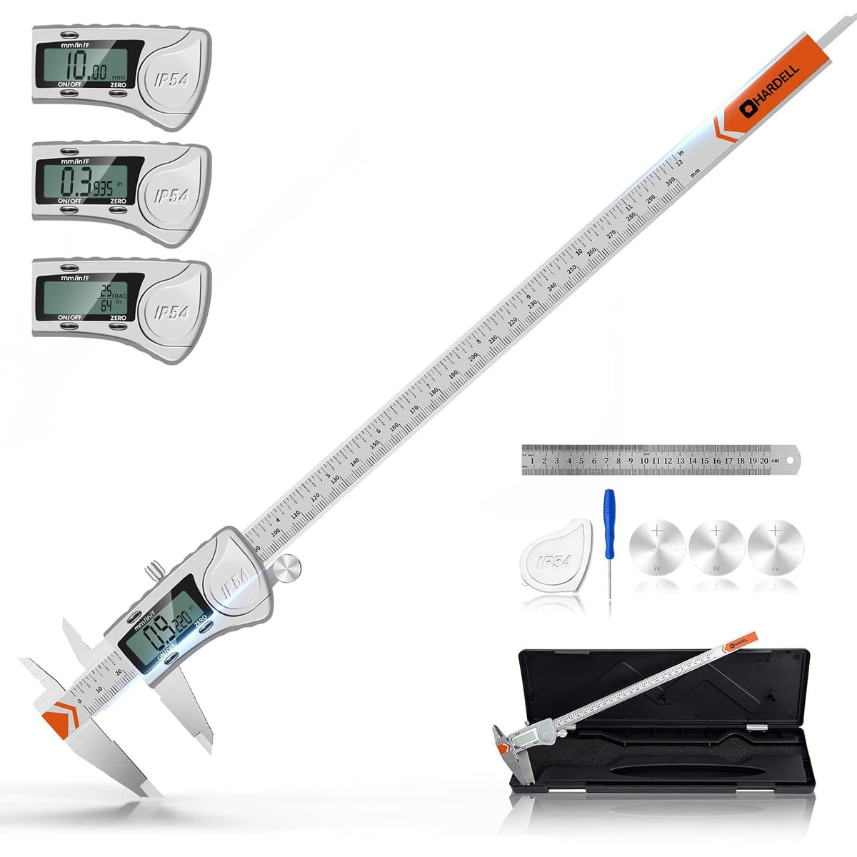 HARDELL Digital Caliper, IP54 Waterproof Caliper Measuring Tool with 3-Batteries & Extra Cover, All Stainless Steel Heavy-Duty Vernier Caliper Micrometer, Inch/MM/Fraction for DIY/3D-Printing