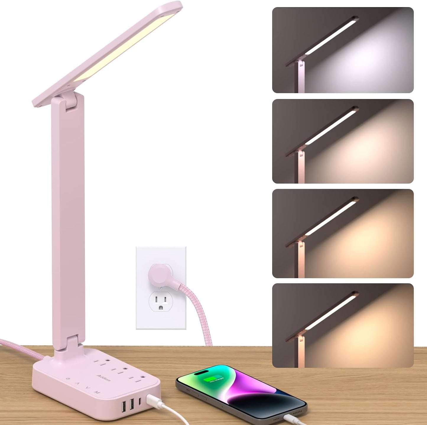 Addtam LED Desk Lamp, Power Strip with 3 Outlets 4 USB Charging Ports(2 USBC), 4 Modes 5 Level Brightness Touch Lamp, Small Desk Lamp for Home Office College Dorm Room Essentials