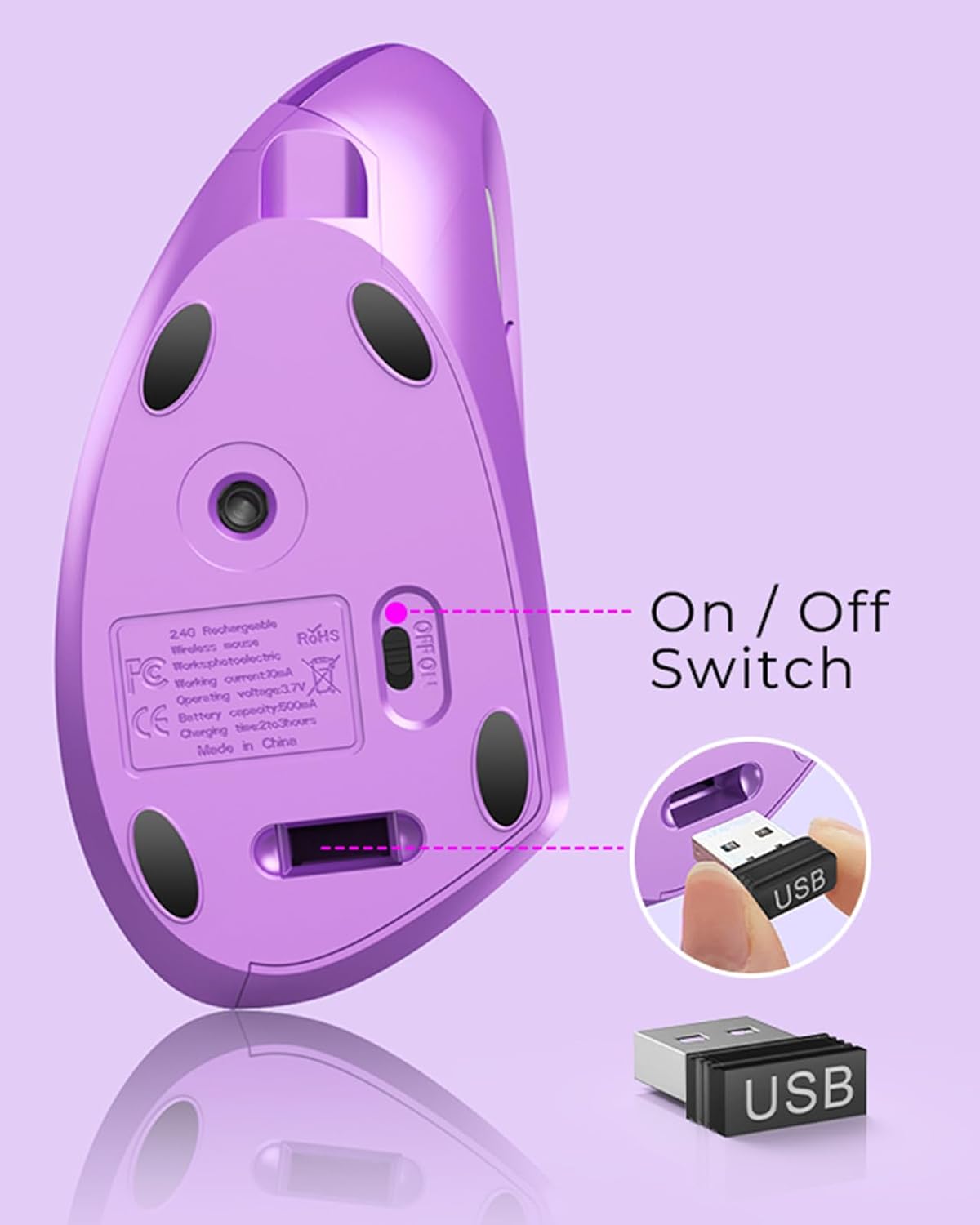 Lekvey Ergonomic Mouse, Rechargeable Vertical Wireless Mouse, Purple | USB-C Charging, 2.4G USB Wireless, Plug & Play, 3 DPI (800/1200/1600), Quiet Clicks, Carpal Tunnel Mouse, for Laptop, PC, Mac