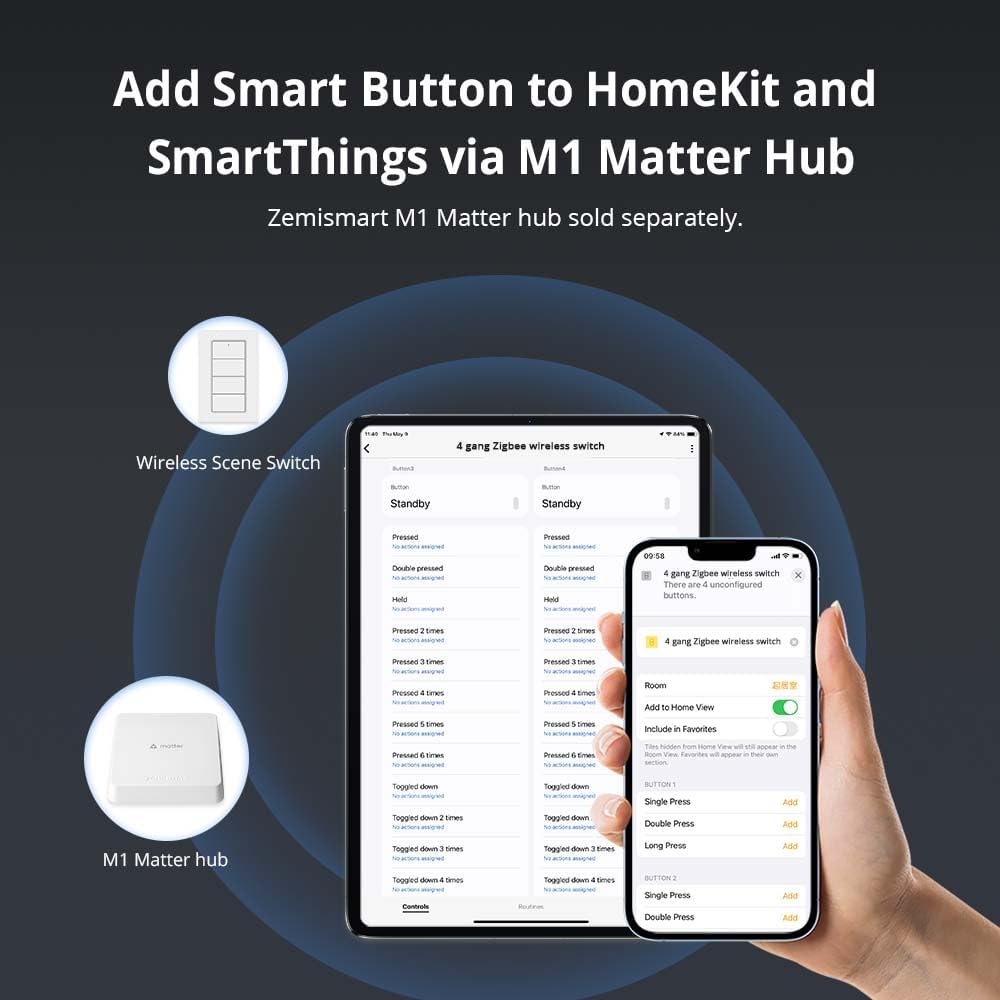 Wireless Zigbee Smart Button, 4-Way Remote Control Button Switch for Smart Home Devices, Scene Controller, Compatible with Tuya, Home Assistant, Homey, Hubitat, Requires Tuya Zigbee Hub