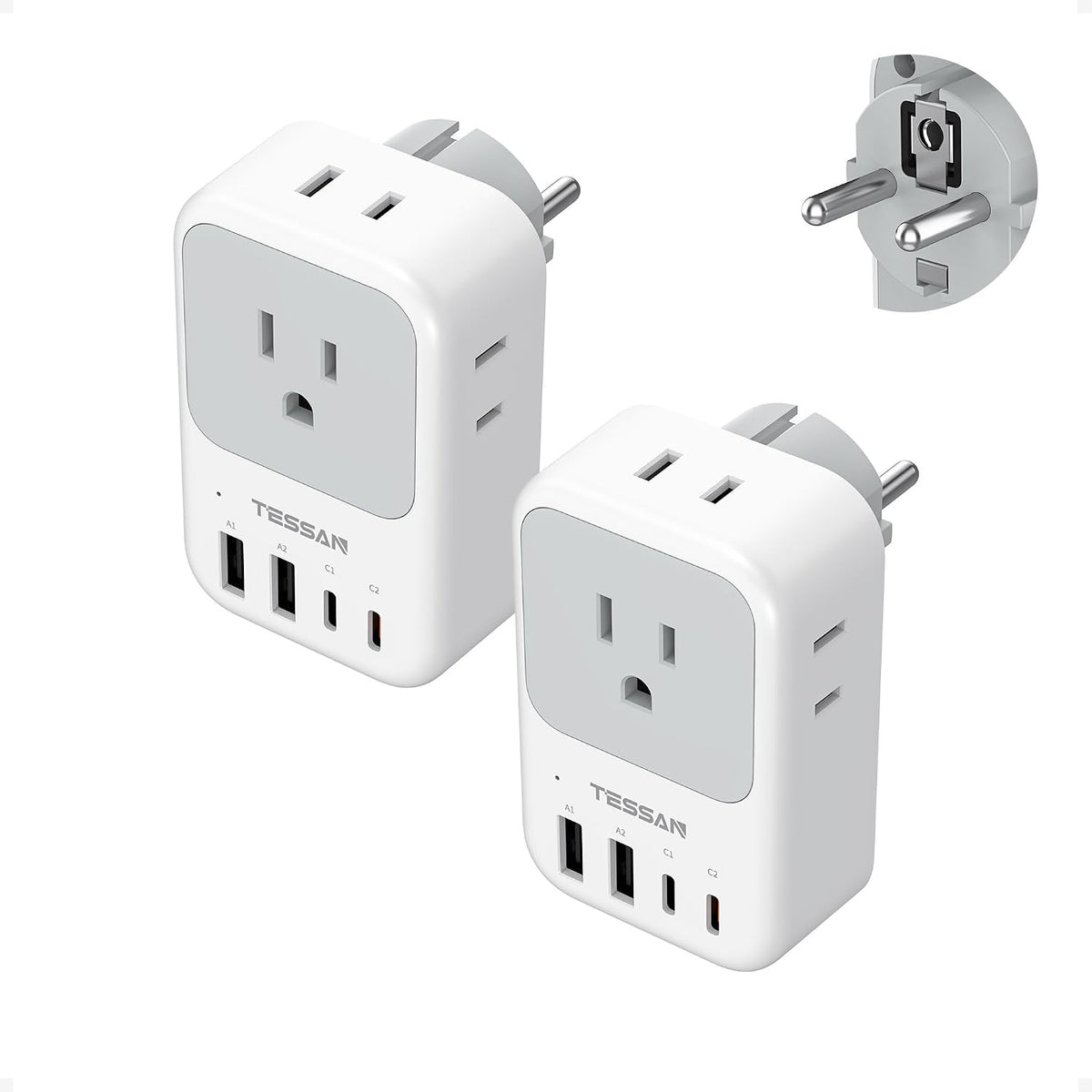 TESSAN Type G Adapter for Travel 2 Pack, PD 20W US to UK Plug Adapter | 4 AC Outlets, 4 USB Ports (2 USB C), Ireland Power Adaptor, USA to England London British Scotland Dubai Hong Kong Kenya