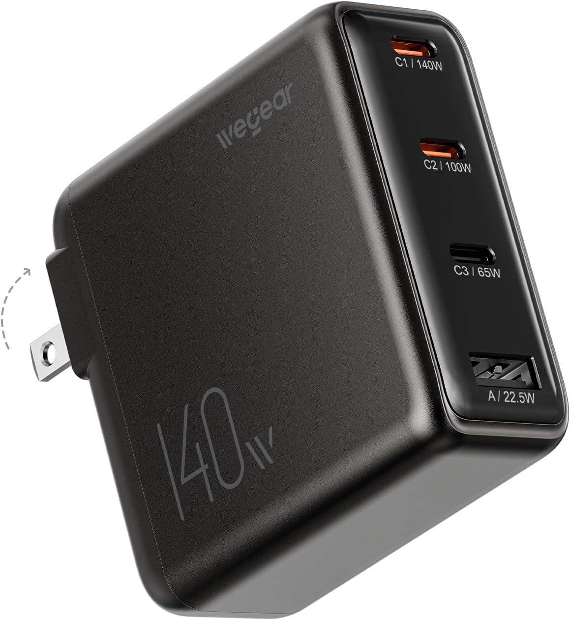 140W USB-C Charger for Laptop, Slim 4-Port PD 3.1 GaN Block-Black | Fast Charging, Foldable Plug, Type‑C Wall Charger Power Adapter for MacBook Air/Pro, iPad, iPhone 17/16, Galaxy S25