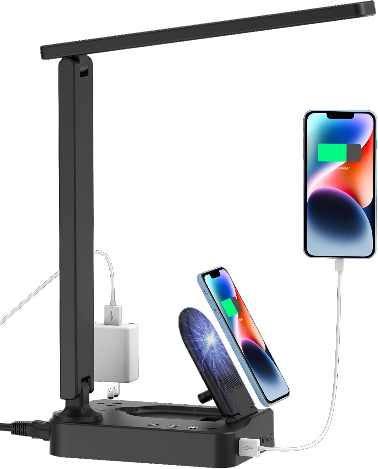 Drevet LED Desk Lamp for College Dorm Room, Desk Light with 1 USB Charging Port 2 AC Power Outlet, 3 Lighting Modes, 3 Level Brightness Touch Lamp, Eye-Caring Home Office Foldable Table Lamp
