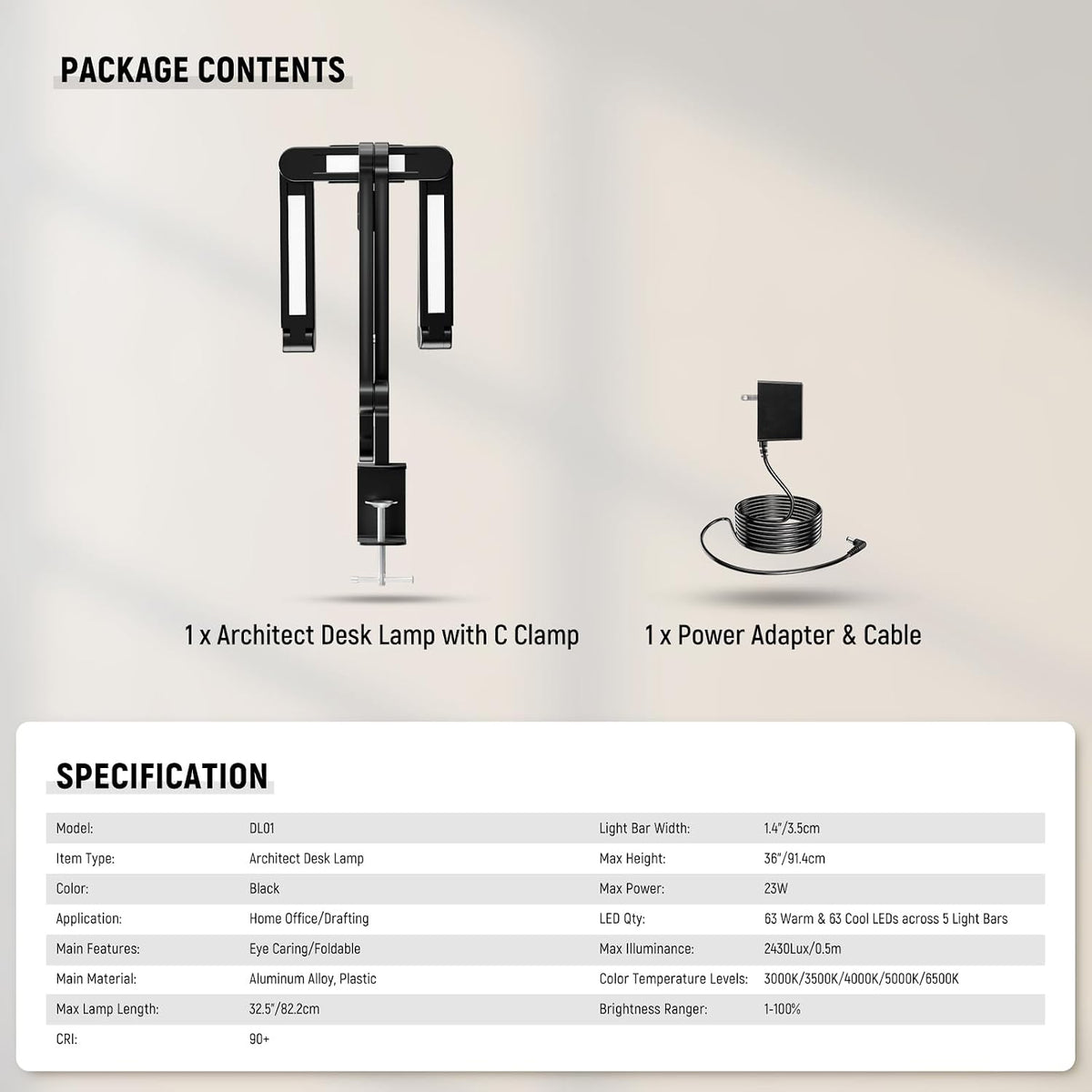 NEEWER Basics 32.5" Clip On Desktop LED Light for Home Office, 23W LED Dimmable Architect Lamp with Table Desk Clamp, 5 Light Bars, Computer Drafting Video Conference Atmosphere Lighting, DL01