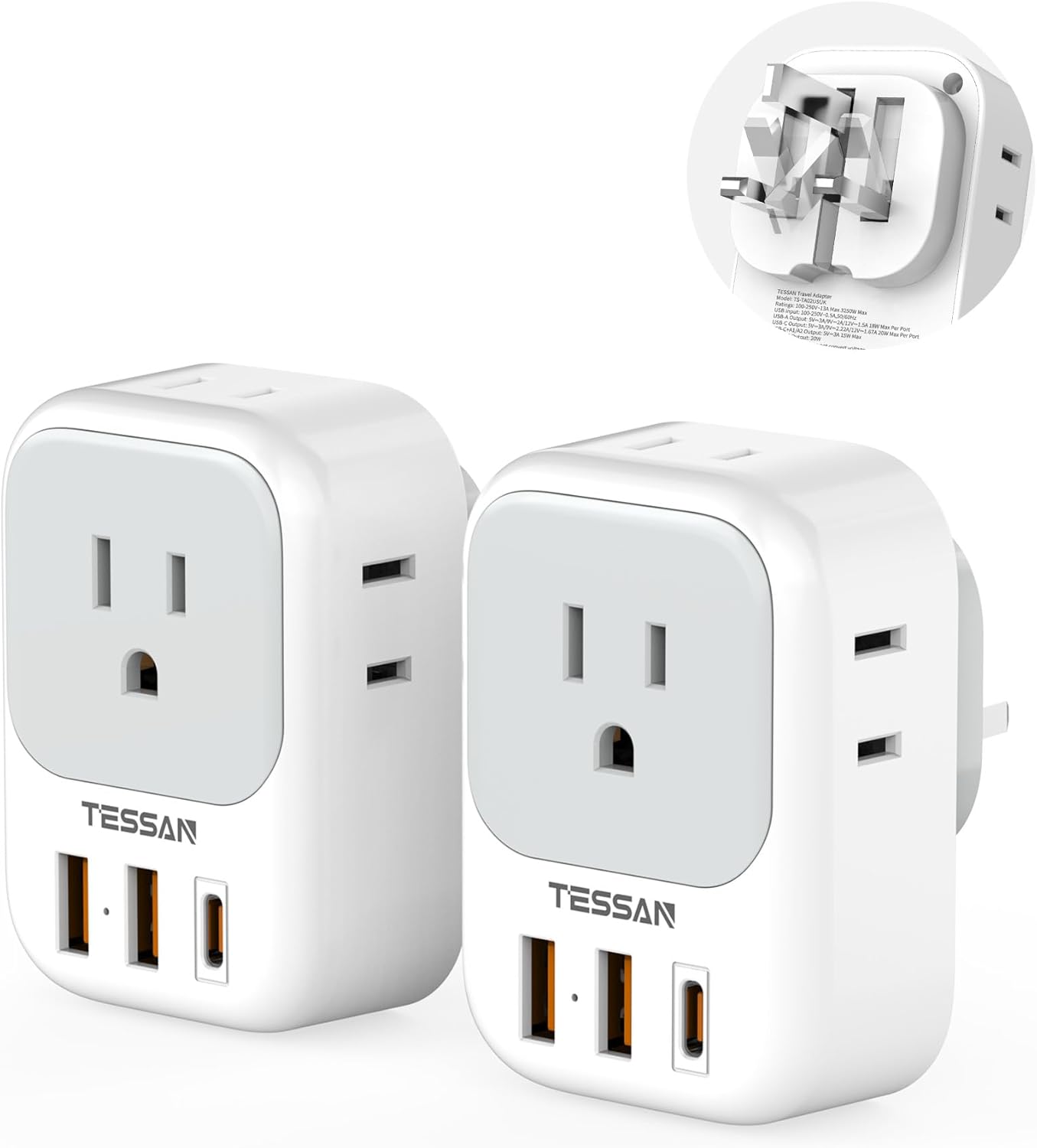 TESSAN 2 Pack European Travel Plug Adapter, Europe Power Converter | 4 Outlets 3 USB (1 USB C PD 20W), Type C International Plug, For Italy Spain France Portugal Iceland Germany