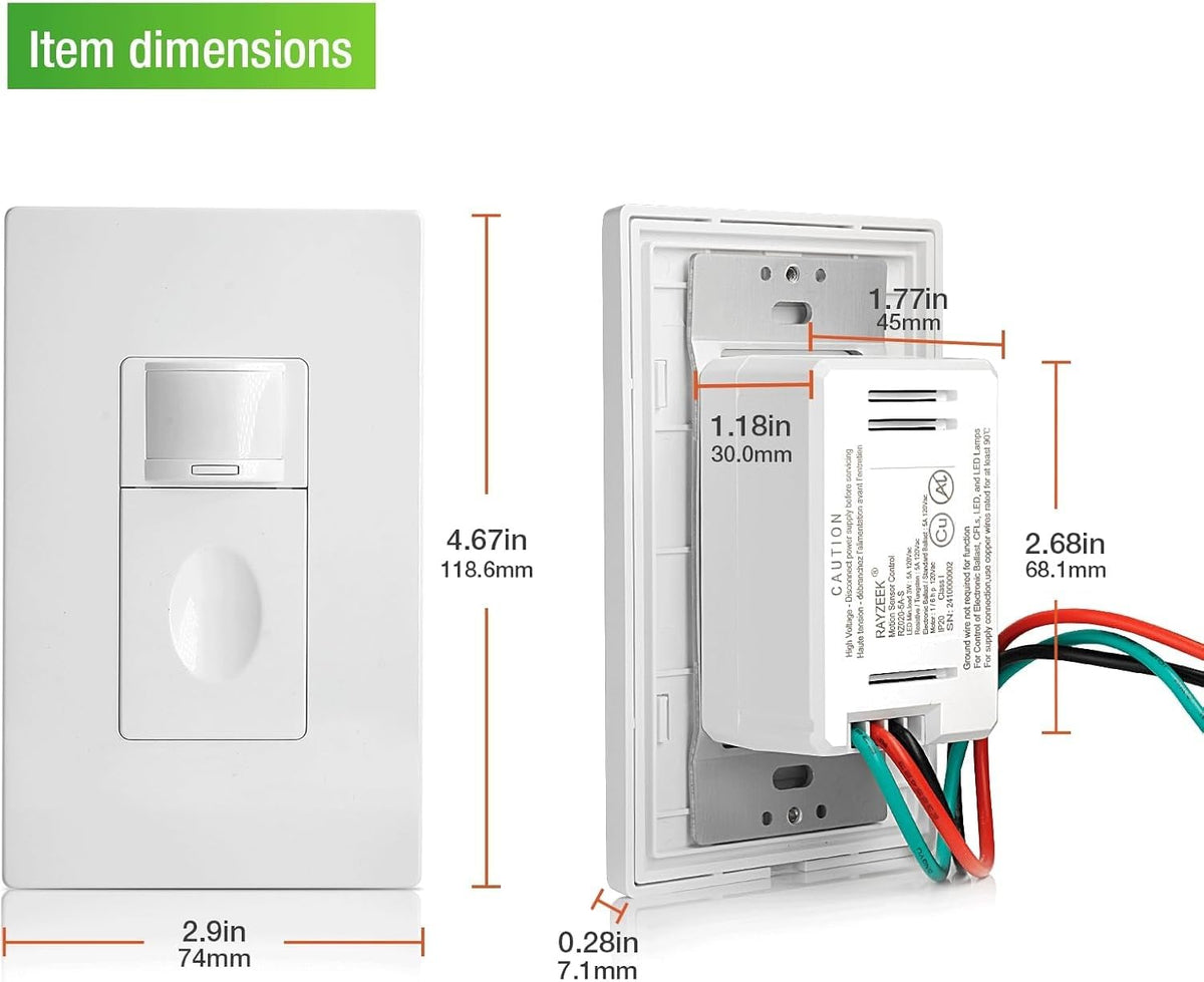 RAYZEEK PIR Motion Sensor Light Switch,No Neutral No Ground Wire