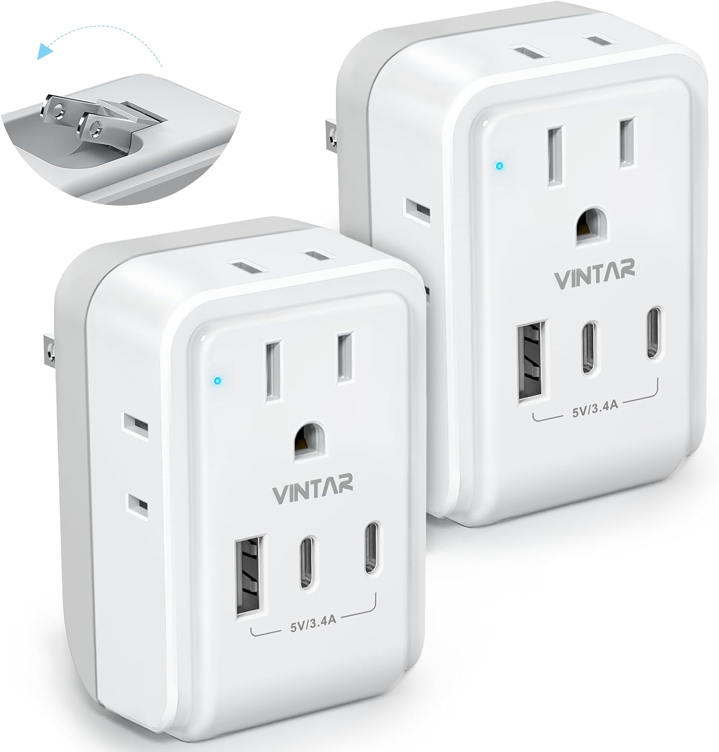 VINTAR 2 Pack European Travel Plug Adapter, 7 in 1 Type C Foldable Plug | 4 AC Outlets 3 USB Charging Ports(2 USB C), International Power Adapter for US to Most Europe EU Italy Spain France Iceland
