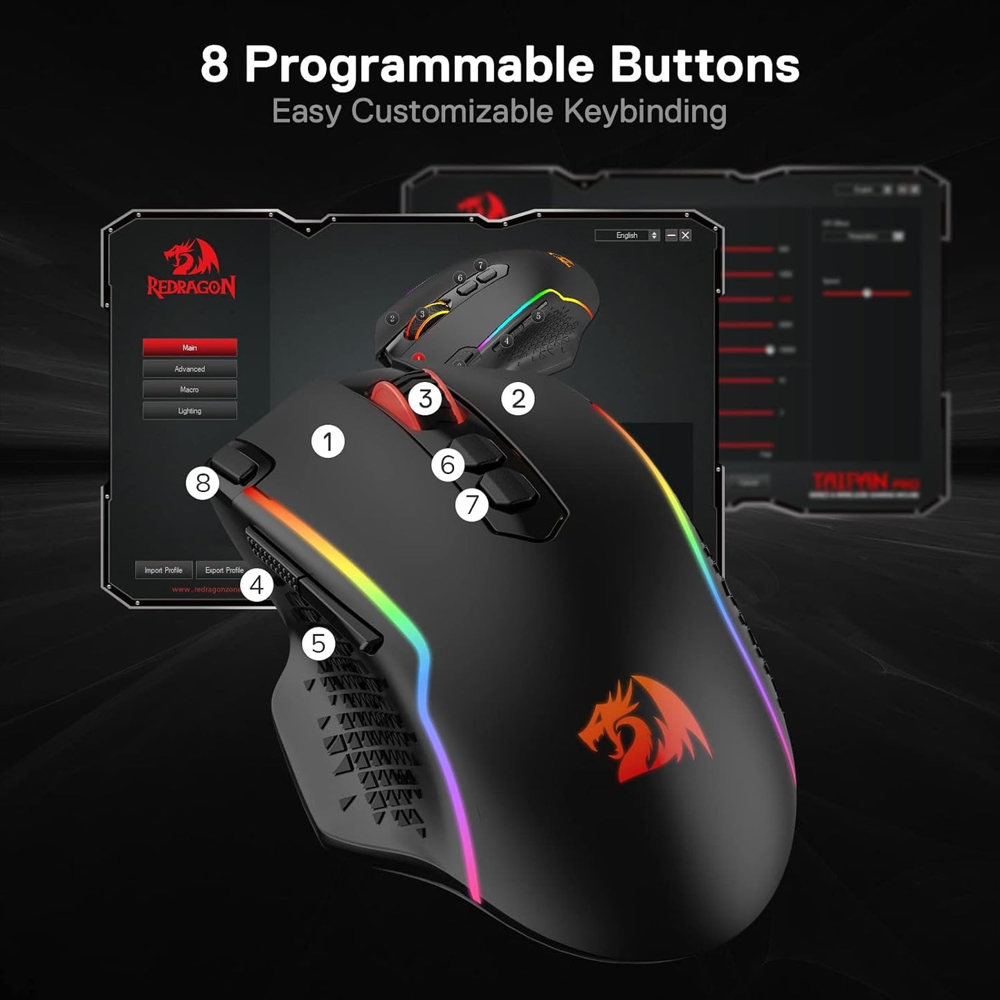 Redragon M810 PRO Wireless RGB Gaming Mouse 10000 DPI Remapping Keys | Cable-Free 0 Delay, Rapid-Fire Macro Keybinds, Vibing Backlight, Ergonomic Grip Body Comfort
