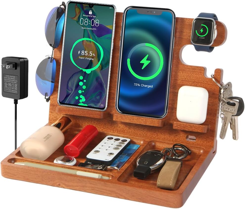 Nightstand Organizer with Dual 15W Phone Wireless Charging Station for 2 iPhone,Apple Watch and Airpods,Bamboo Wood Phone Docking Station,Gifts for Men Dad Husband