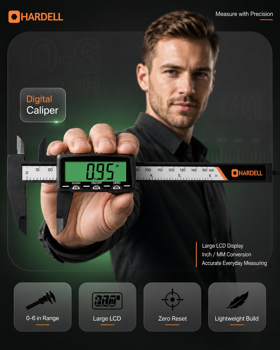 HARDELL Rechargeable Digital Caliper 6" Plastic Calipers Green Screen | High-Contrast Everyday Caliper Measuring Tool Inch/MM Auto-Off Woodworking DIY Jewelry Household Non-Backlight