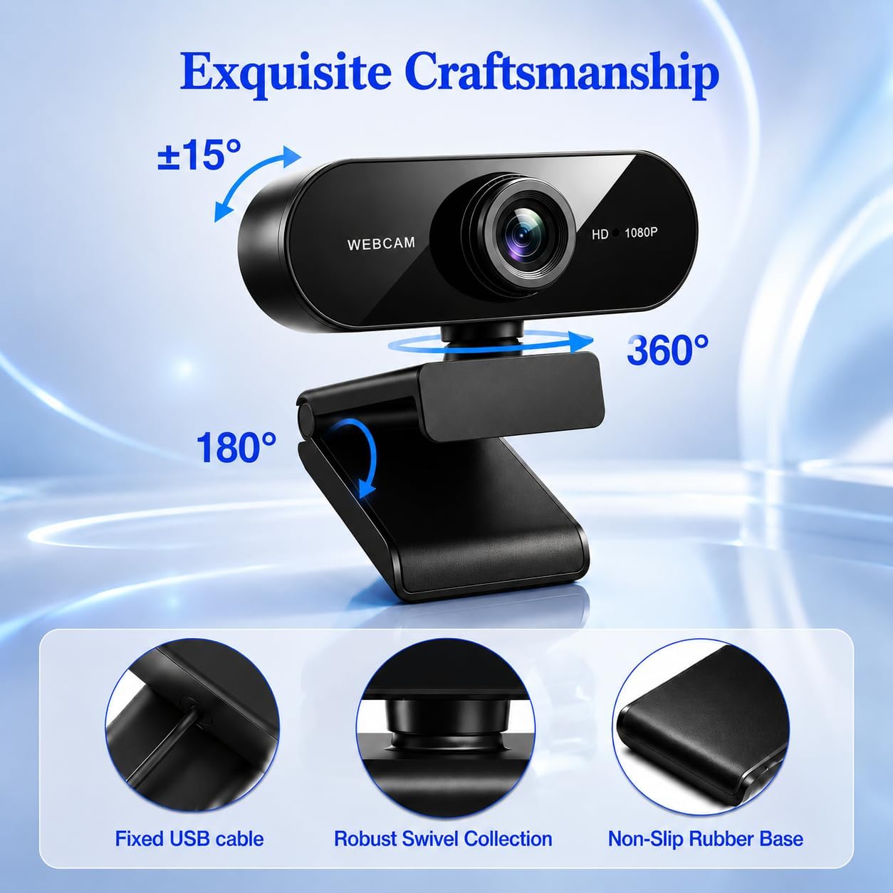 Gritto 1080P HD Webcam with Auto Focus & Microphone, 30FPS Computer Camera, USB Plug-and-Play with Type-C Adapter, 360° Rotating Webcam for Zoom Meetings, Teams, Streaming & Online Classes