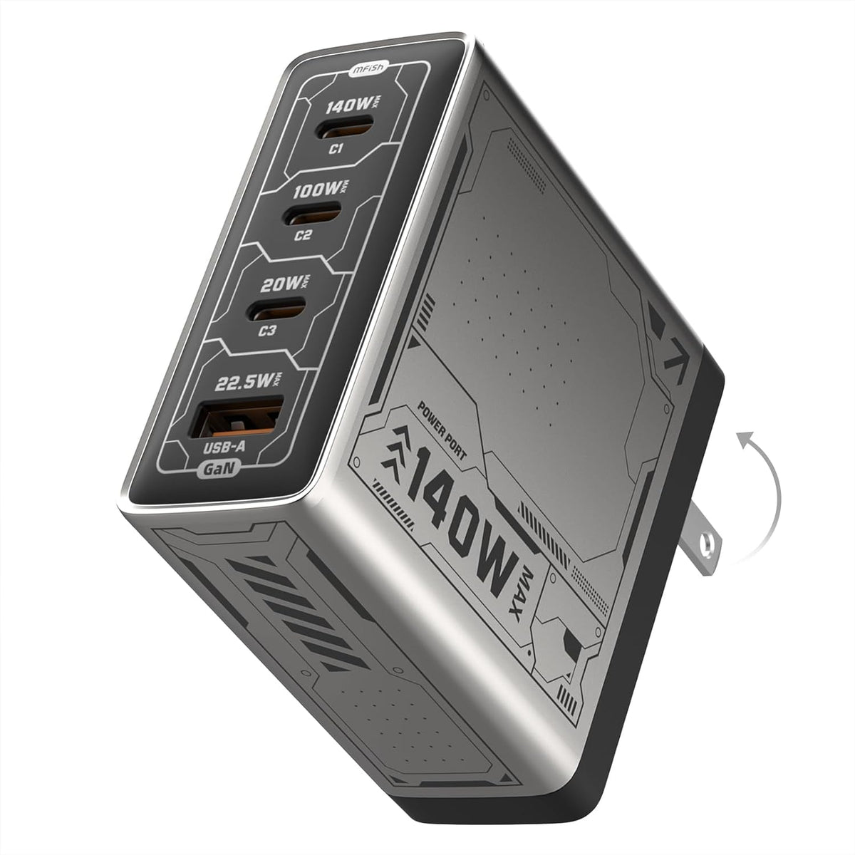 E-Rhino 140W Max 4-Port GaN Charger for MacBook & USB-C Laptop, Black | Smart Temperature Management, Smart Power Distribution, Foldable Plug, 4-Port (3 USB-C + 1 USB-A), Stable Charging