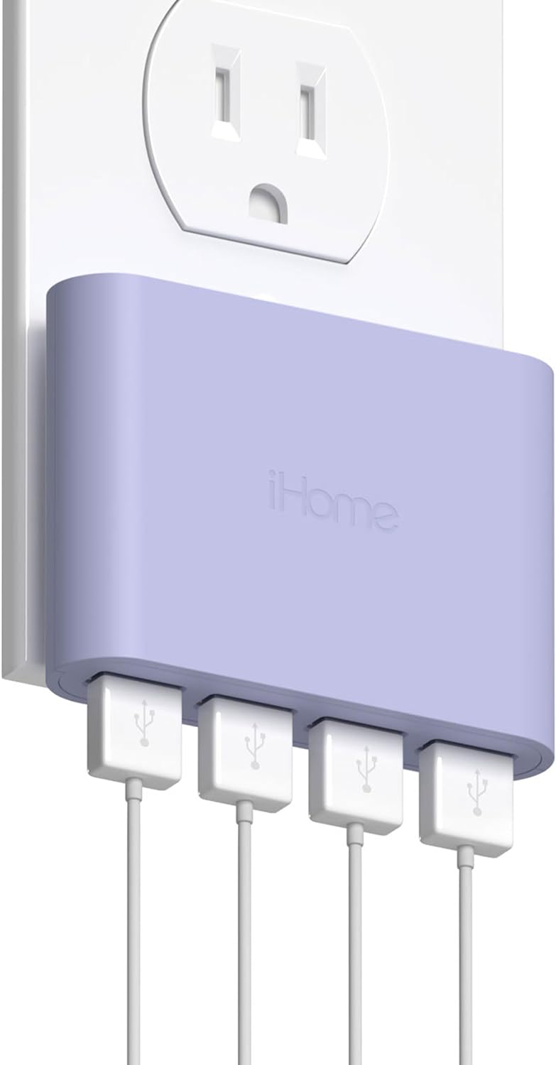 iHome Slim 4-Port USB Wall Charger, Flat Multiport Travel Plug Adapter | Foldable Prongs, 2.4A Rapid Charge Port, Charges iPhone, Android, iPad, AirPods, Travel-Friendly, Charging Block for Home Use