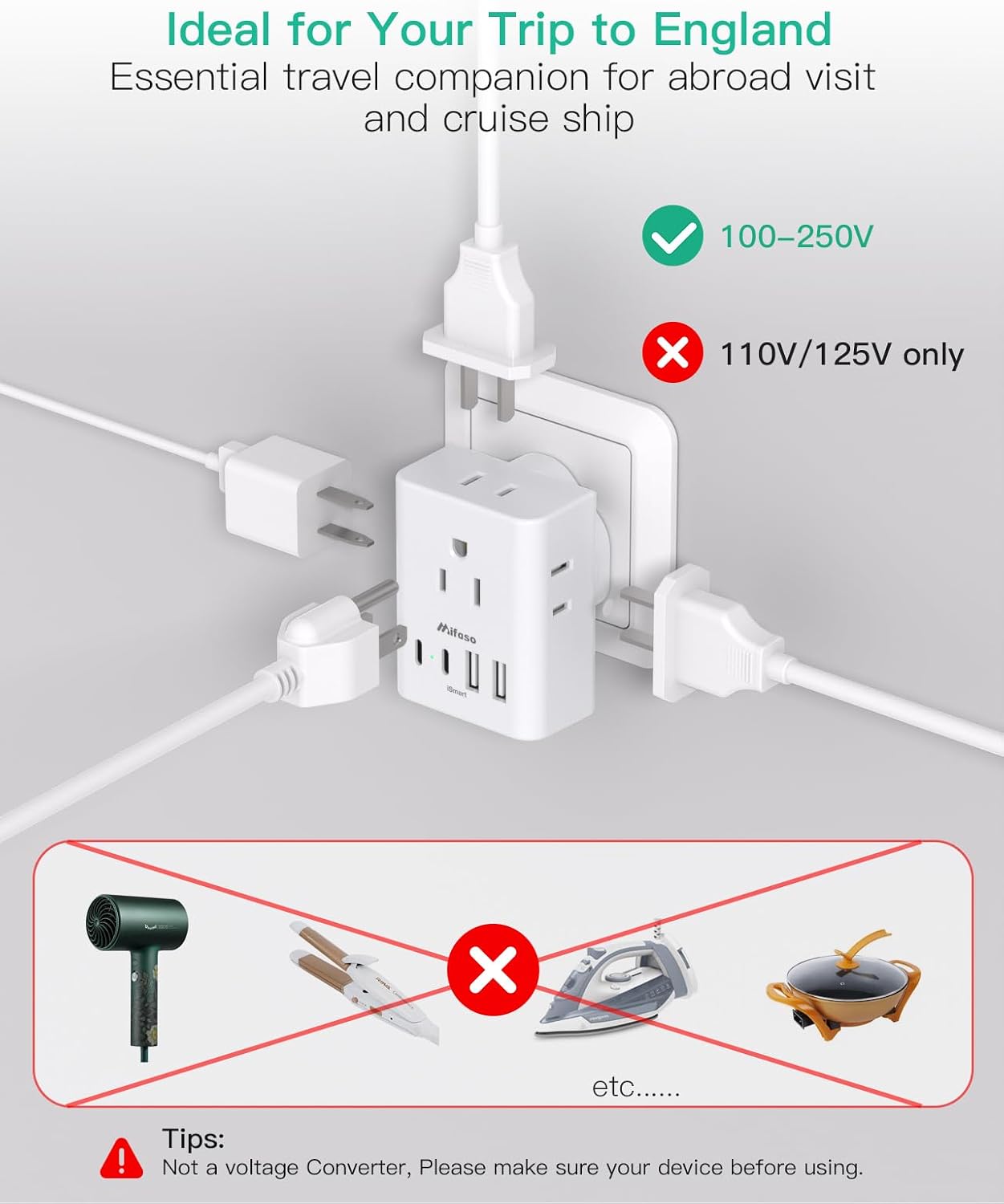 2 Pack US to UK Ireland Travel Plug Adapter, Type G Plug Adapter with 4 Outlets 4 USB Ports (2 USB C), UK Power Adapter for USA to London England Scotland British Kenya Qatar Hongkong