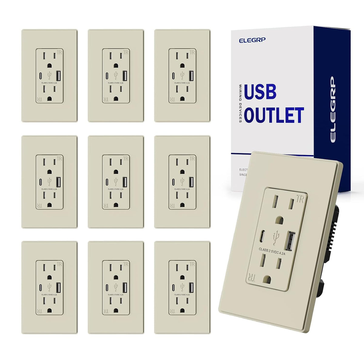 ELEGRP USB Charger Wall Outlet, USB Receptacle with USB A & USB C Ports, 20 Amp Duplex Tamper Resistant Receptacle Plug NEMA 5-20R, Wall Plate Included, UL Listed, 2 Pack, Matte Grey