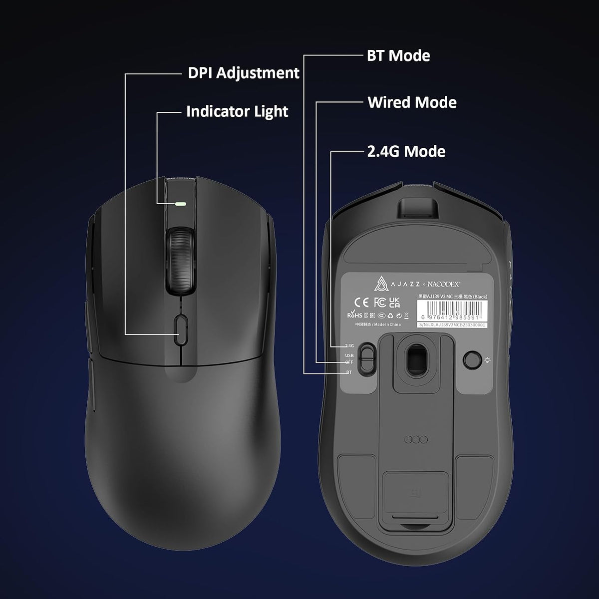 AJAZZ AJ139 V2 MC Wireless Gaming Mouse with RGB Charging Dock, 66g Ultra-Lightweight Tri-Mode Optical Mouse, 12000 DPI PAW3311 Sensor, Ergonomic Rechargeable Gaming Mouse for PC/Mac - Black