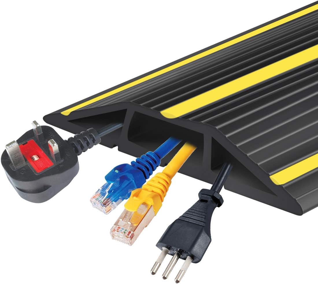 10Ft Cord Covers for Wires on Floor, 3-Channel PVC Floor Cable Cover for Small to Medium Wires, Anti-Slip Base with Yellow Warning Stripes, Indoor Floor Cord Cover for Home Office Events