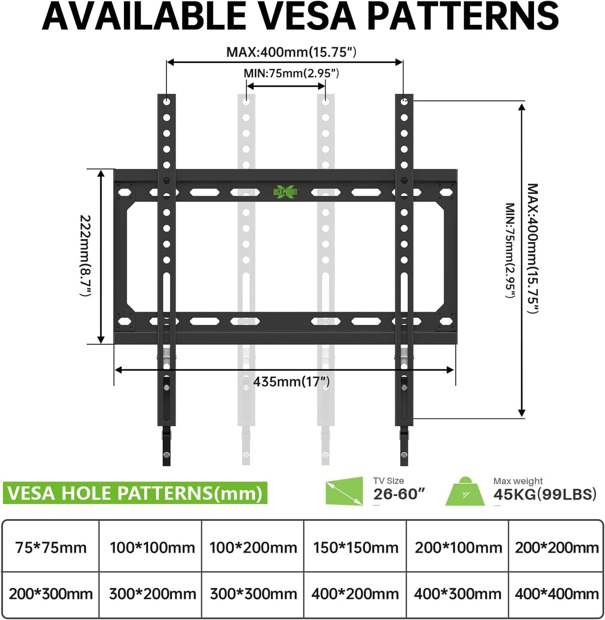 USX MOUNT Fixed TV Wall Mount with Low Profile for Most 26-55 Inch LED, LCD and Flat Screen TVs, TV Mount Bracket with VESA Up to 400x400mm and Weight Capacity 99lbs,and Space Saving TV Bracket