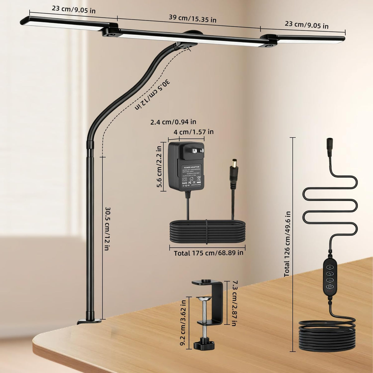 LED Desk Lamp with Clamp for Home Office, Wide Light for Dual Monitors
