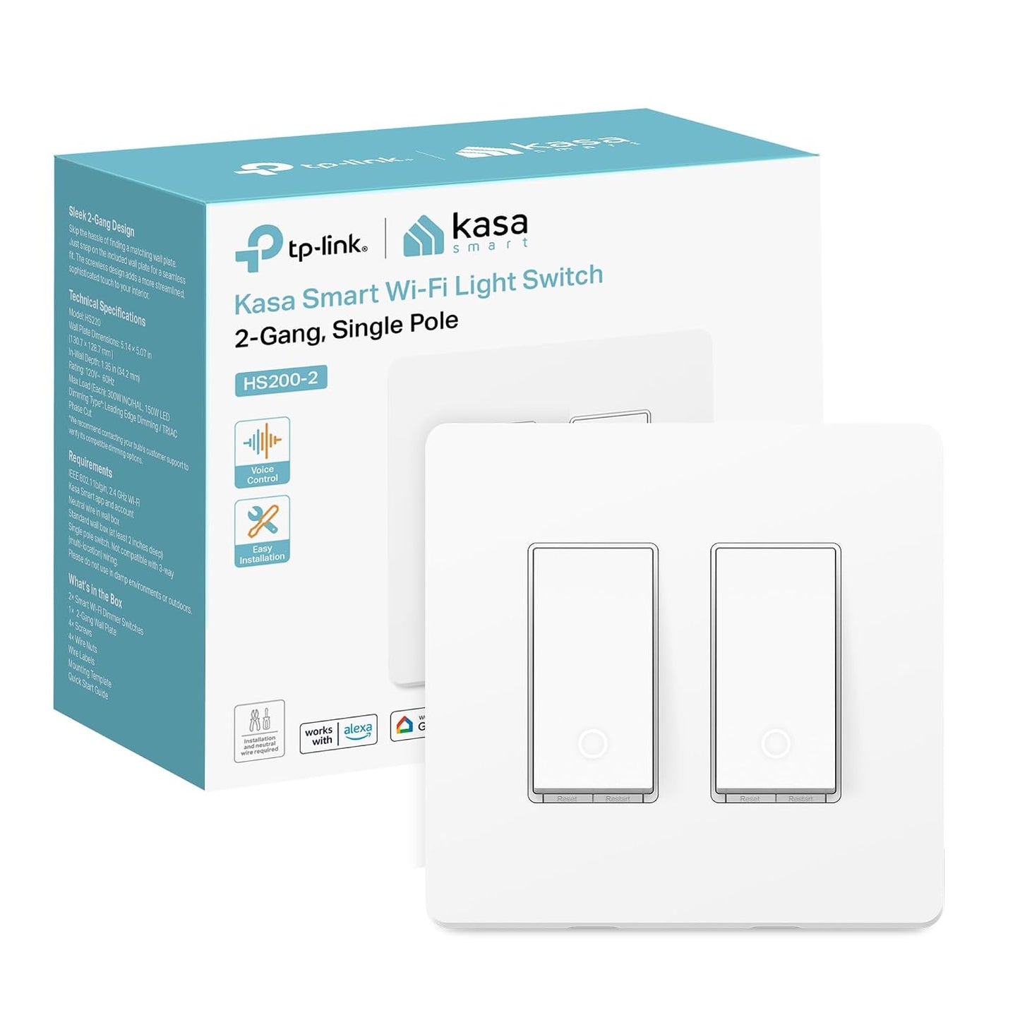 Kasa Smart Dimmer Switch 2-Gang HS220-2, Single Pole, Needs Neutral Wire, 2.4GHz Wi-Fi Light Switch Compatible with Alexa and Google Home, UL Certified, No Hub Required, White