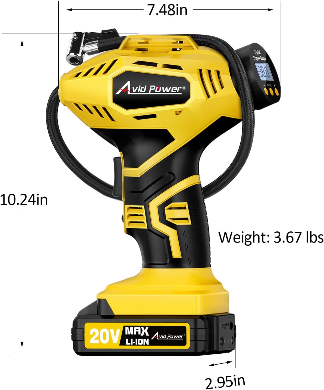 AVID POWER 20V Rechargeable Cordless Tire Inflator Portable Air Compressor | Auto Shut-Off, 12V DC Adapter, Air Tire Pump for Car, Bike, Ball, Motorcycle, 30 LPM, Digital Gauge, Yellow, for Emergency