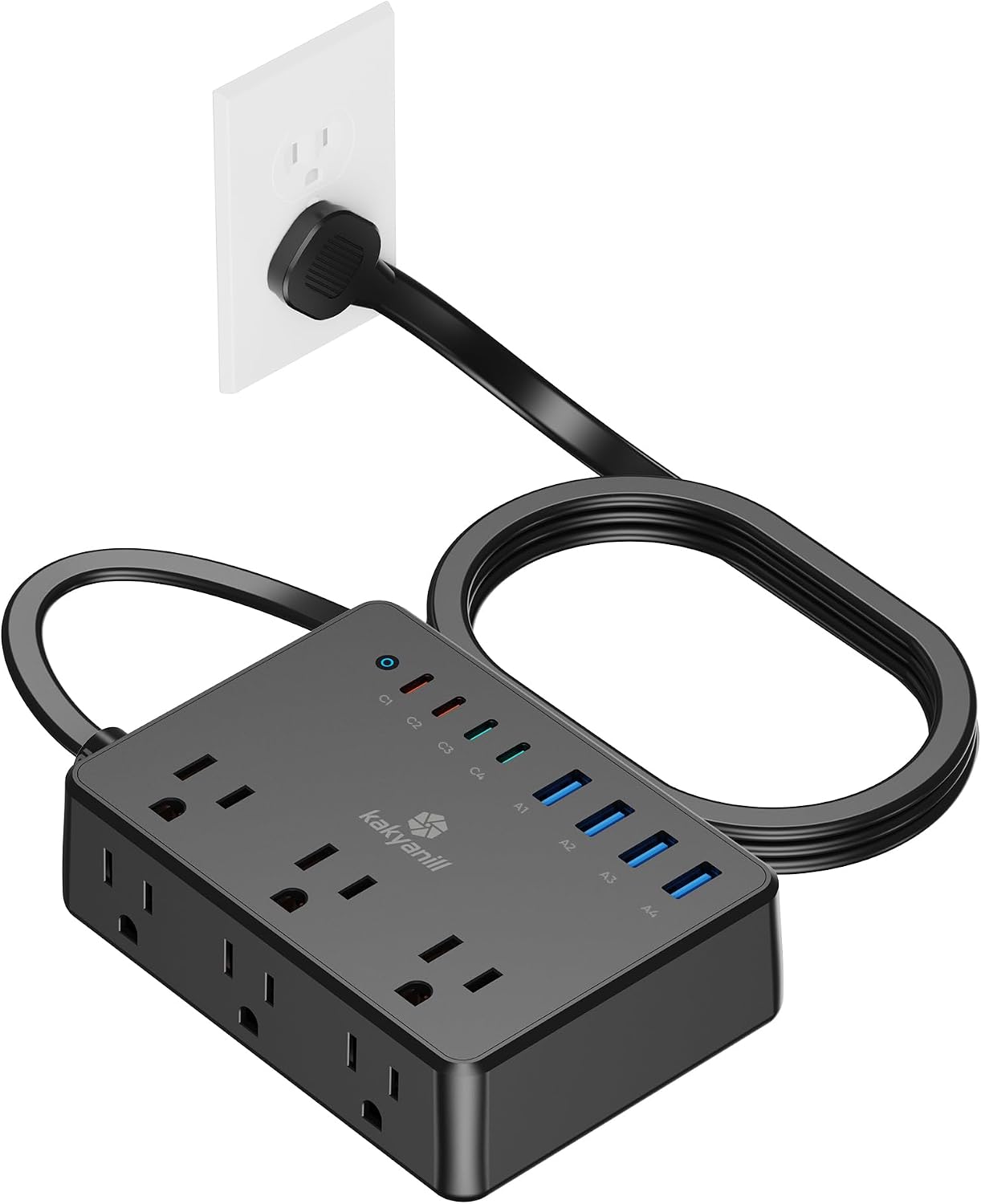 Kakyanill 100W Charging Station, Power Strip with 6 AC Outlets 8 USB Ports | Surge Protector, 5ft Flat Plug Extension Cord, Compact for Desk Home Office Dorm, White
