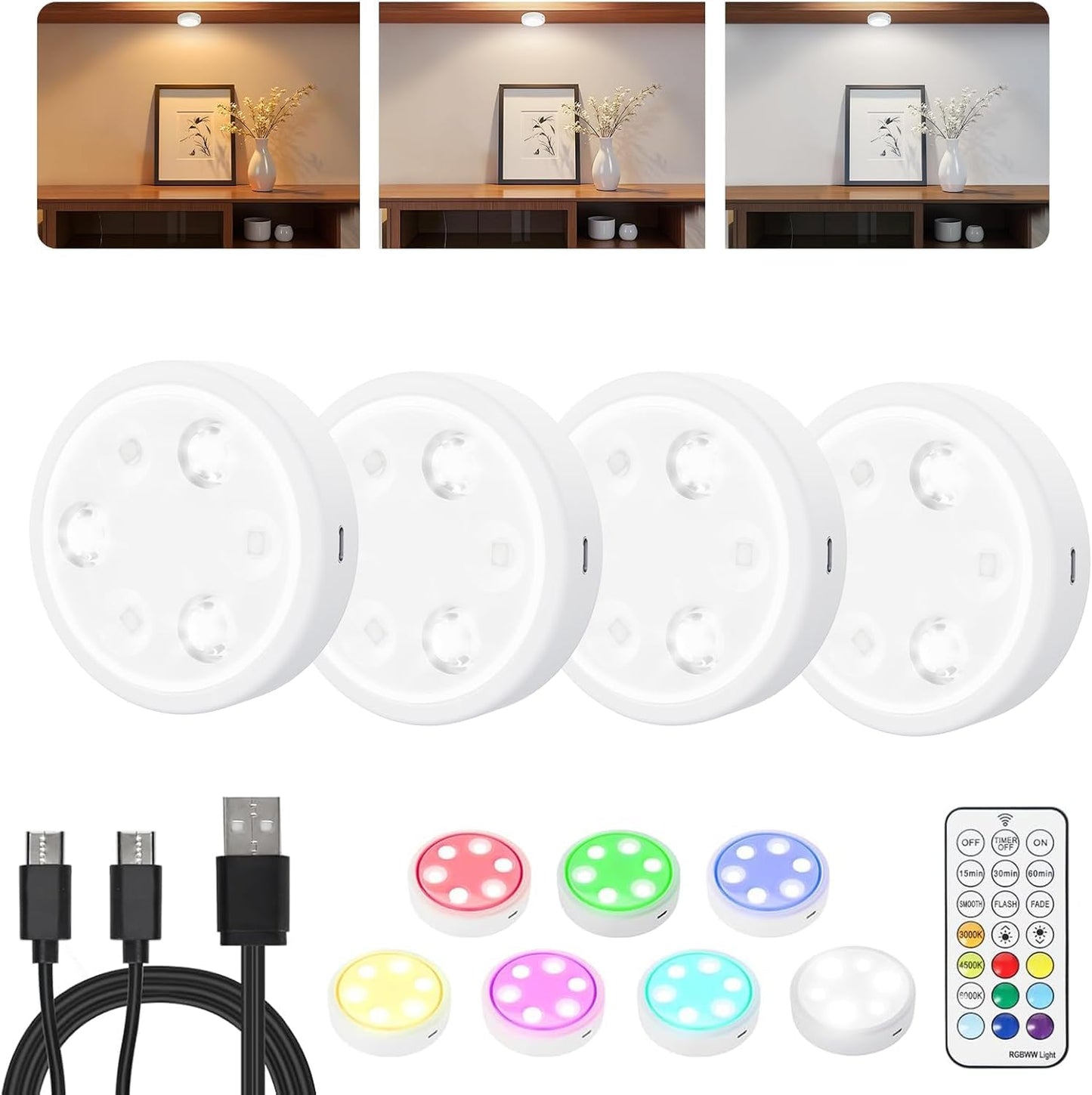 HOLKPOILOT Puck Lights with Remote, Under Cabinet Lights,2000mAh Battery Operated Closet Lights, Magnetic Under Cabinet Lighting Wireless, 3 Color Temps &7 RGB Colors, Black Rechargeable Puck Lights.