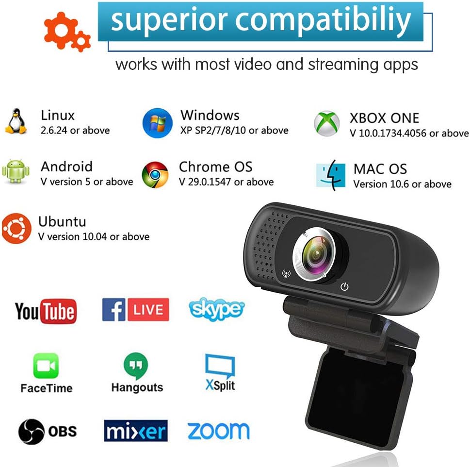 1080P Webcam with Mic Privacy Cover Tripod Stand 110 FOV PC | 1080P webcam with built-in microphone, privacy cover, tripod stand, 110 degree wide angle, USB plug and play for PC laptop