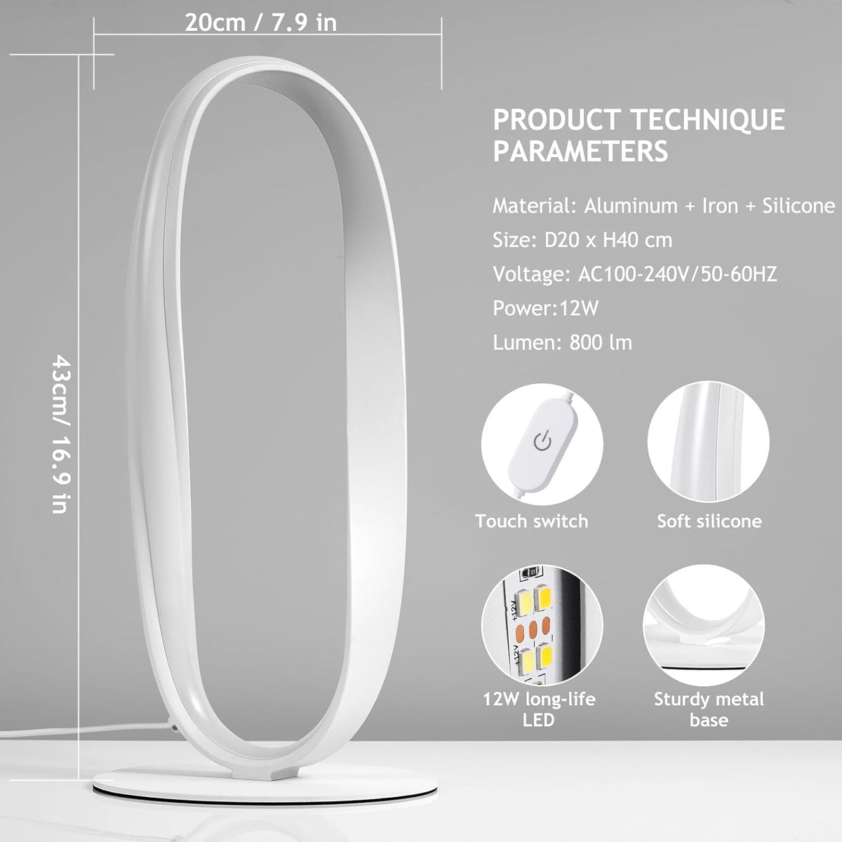 NUÜR White Circle LED Table Lamp, 3 Color Temperatures, Dimmable
