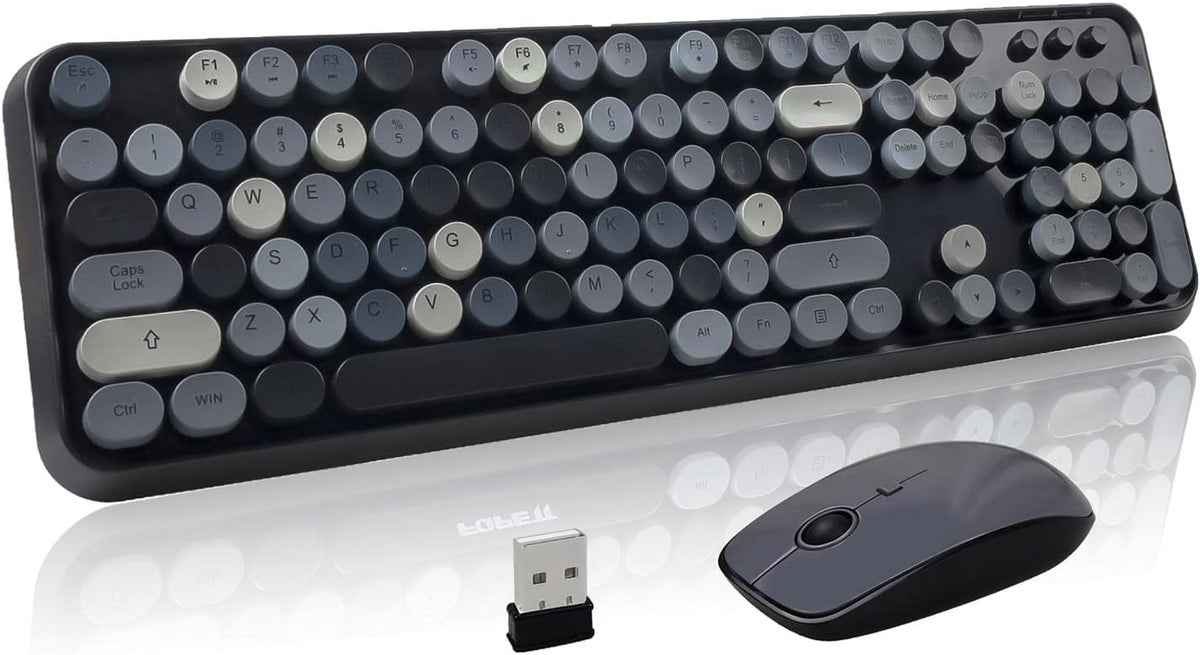 Wireless Keyboard and Mouse Combo,Creamy Retro Round Keys for PC Laptop