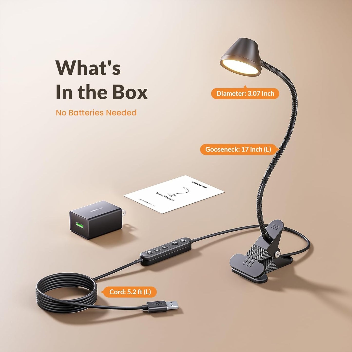 LEPOWER Clip on Light, Reading Lights for Books in Bed, 400LM, RG0 Eye-Care | 5 Colors & Stepless Dimming, Amber Glow Light & Auto Timer, Up to 2.3" Strong Clamp with Adapter for Headboard, Bedside, Desk