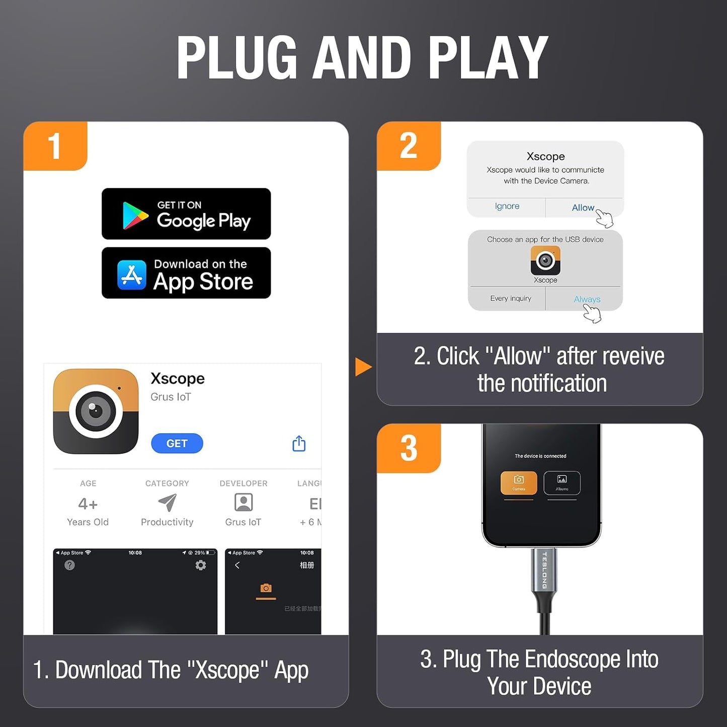 Teslong 10FT USB C Endoscope Camera for iPhone 15/16/17,Android Phone | Plug and Play, 8 LED Lights, 1.0MP HD Camera, IP67 Waterproof, Flexible Snake Cable, for Mechanic Automotive HVAC Drain Wall