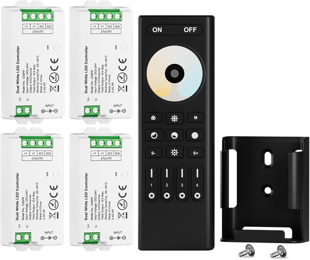 BTF-LIGHTING 5050SMD FCOB COB RGBCCT RF 2.4GHz Wireless Remote RC03RFB &2PCS C05RF Tuya Controller Kit 4 Zones Group Control PWM RGBWW (+ R G B C W) 6pin LED Strip DC5V DC12V DC24V