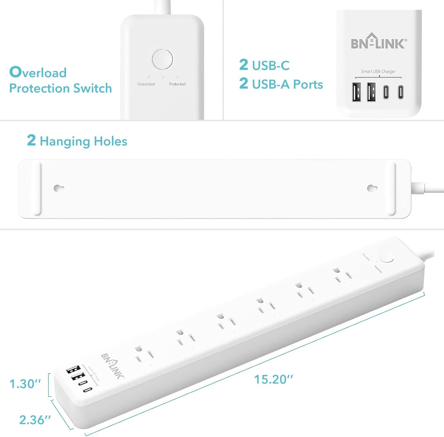 BN LINK Smart Plug Power Strip,Surge Protector with 6 Individually Controlled Smart Outlets, 4 USBs (incl. 20W USB-C), Compatible with Alexa and Google Home