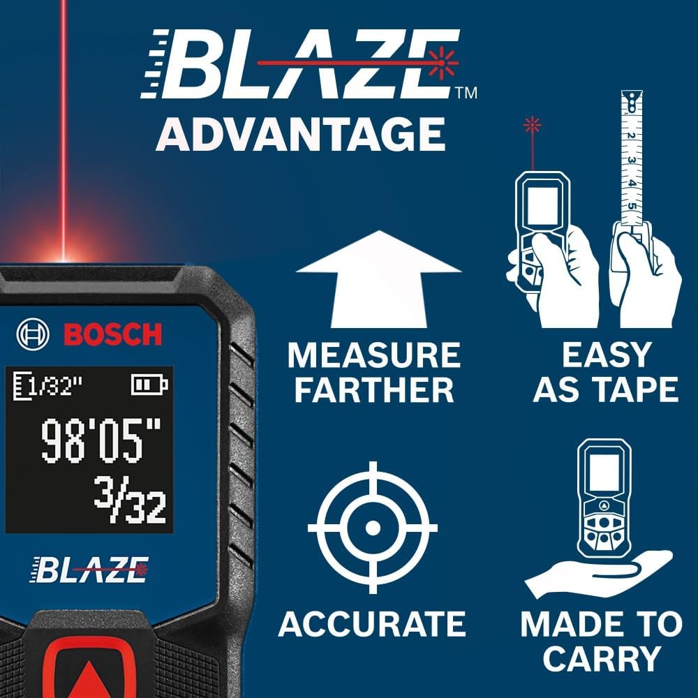 BOSCH GLM100-23 100 Ft Blaze Laser Distance Measure, Includes 2 AA Batteries, Distance Measuring Laser