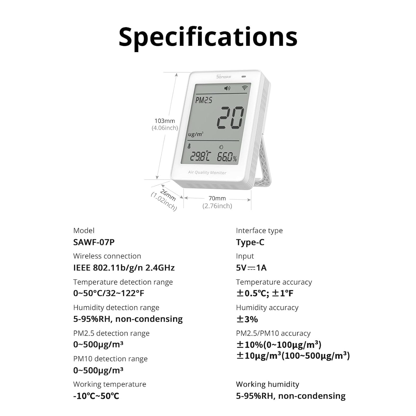 SONOFF SAWF-07P Smart Indoor Air Quality Monitor with PM2.5, PM10, Temperature & Humidity Sensor, Real-Time Display, Notification, Matter-Compatible, 2.4GHz WiFi, 3.73-inch Screen, for Bedroom, Nusery