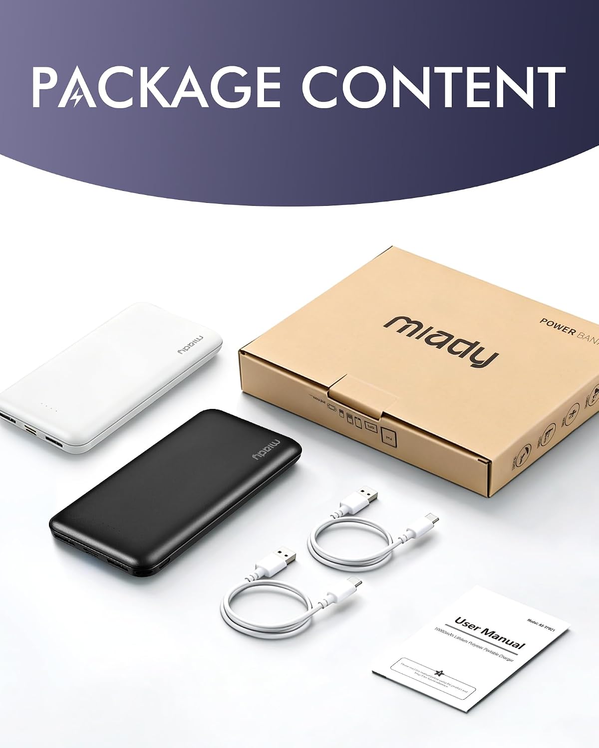 Miady 2-Pack Portable Charger, Slim 10000mAh Power Bank Travel Battery Pack | Dual USB丨3 Outputs 2 Inputs丨for Backpack Travel Camping丨Slim丨Compatible with iPhone Android etc丨Flight-Safe丨37Wh丨Black+White