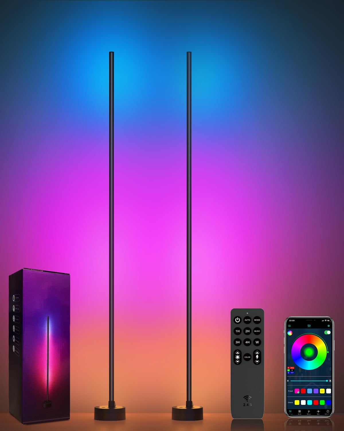 Miortior Corner Floor Lamp - Smart RGB LED Corner Lamp with App and Remote Control, 16 Million Colors & 68+ Scene, Music Sync, Timer Setting - Ideal for Living Rooms, Bedrooms, and Gaming Rooms