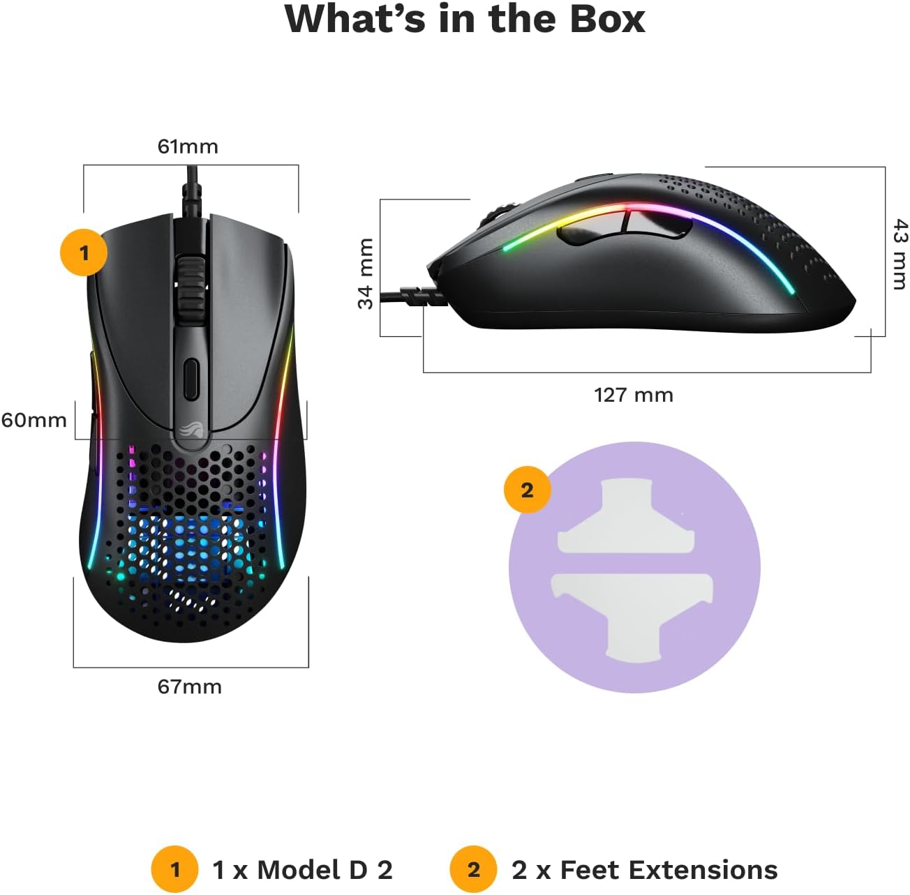 Glorious Gaming - Superlight Wired PC Gaming Mouse with Honeycomb Shell, 6 Programmable Buttons, RGB Lighting & PTFE Skates - Model D 2, Matte Black