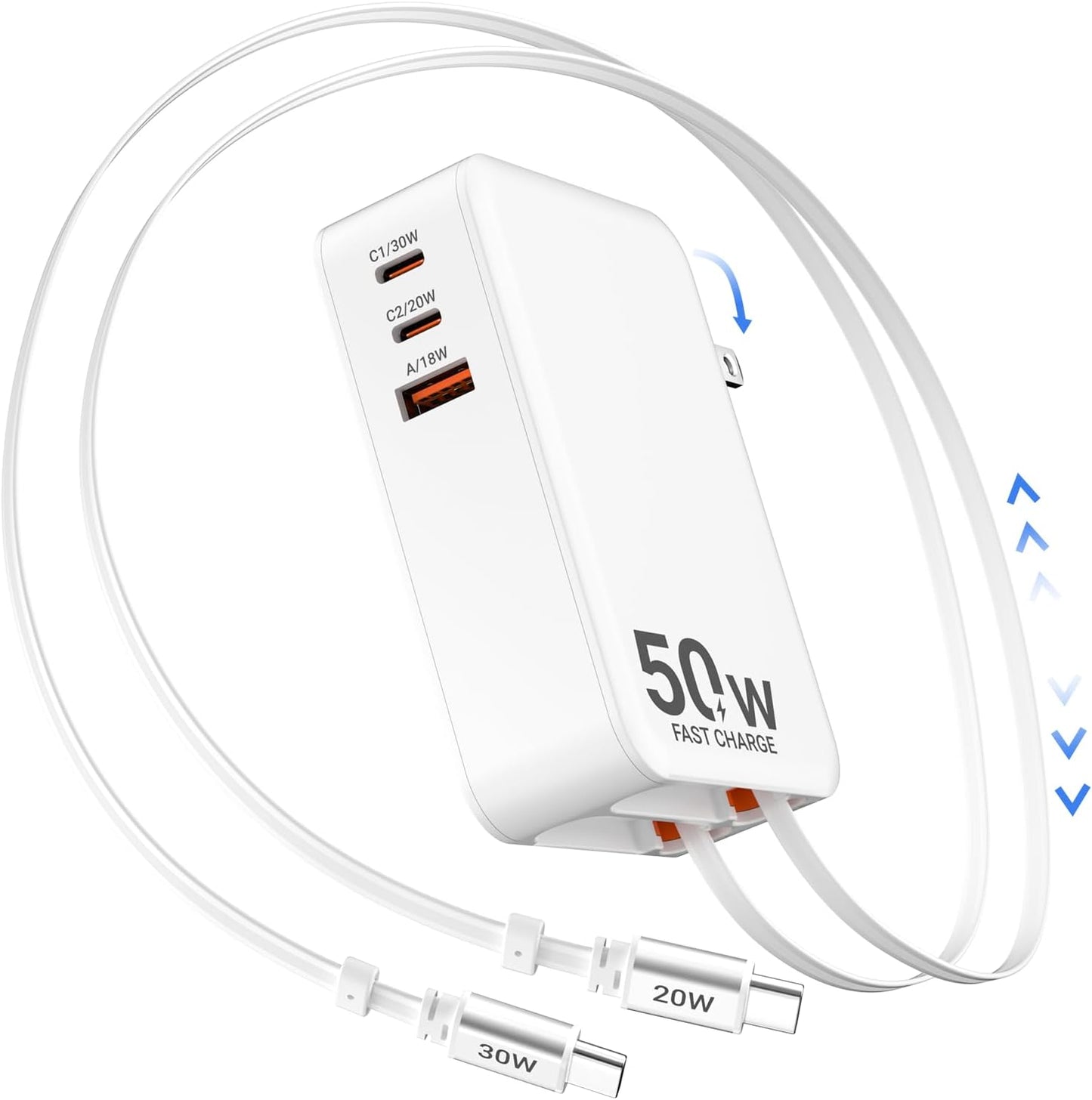 5-in-1 Retractable Wall Charger with Dual Cables, 50W Retractable Phone Charger with 3.3FT USB C & Lightening Cables,30W Fast Charging Block Wall Plug for iPhone 17 16 15 14 13,G-alaxy S26 S25,i Pad