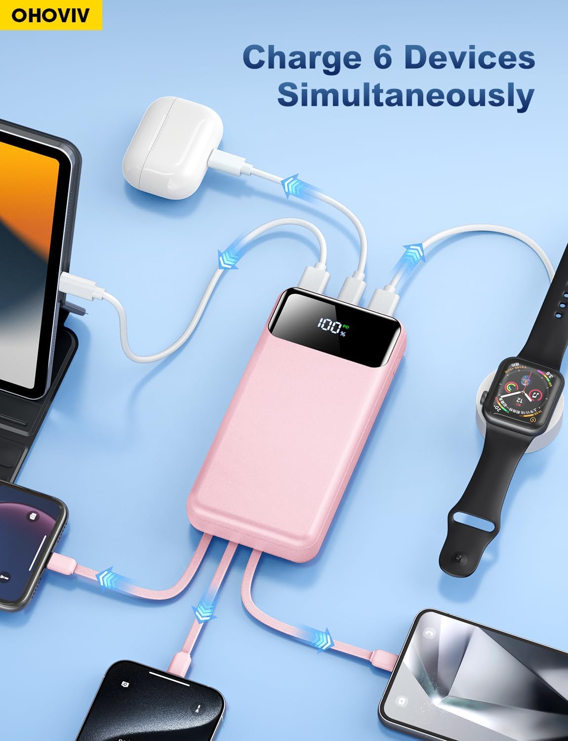 OHOVIV Portable Charger Power Bank 50000mAh,4 Built-in Cables Battery Pack | 22.5W Fast-Charge,55% in 30mins,10 Times for iPhone,Camping Travel Essential,Compatible with iPhone,Samsung,Tablet,Pink