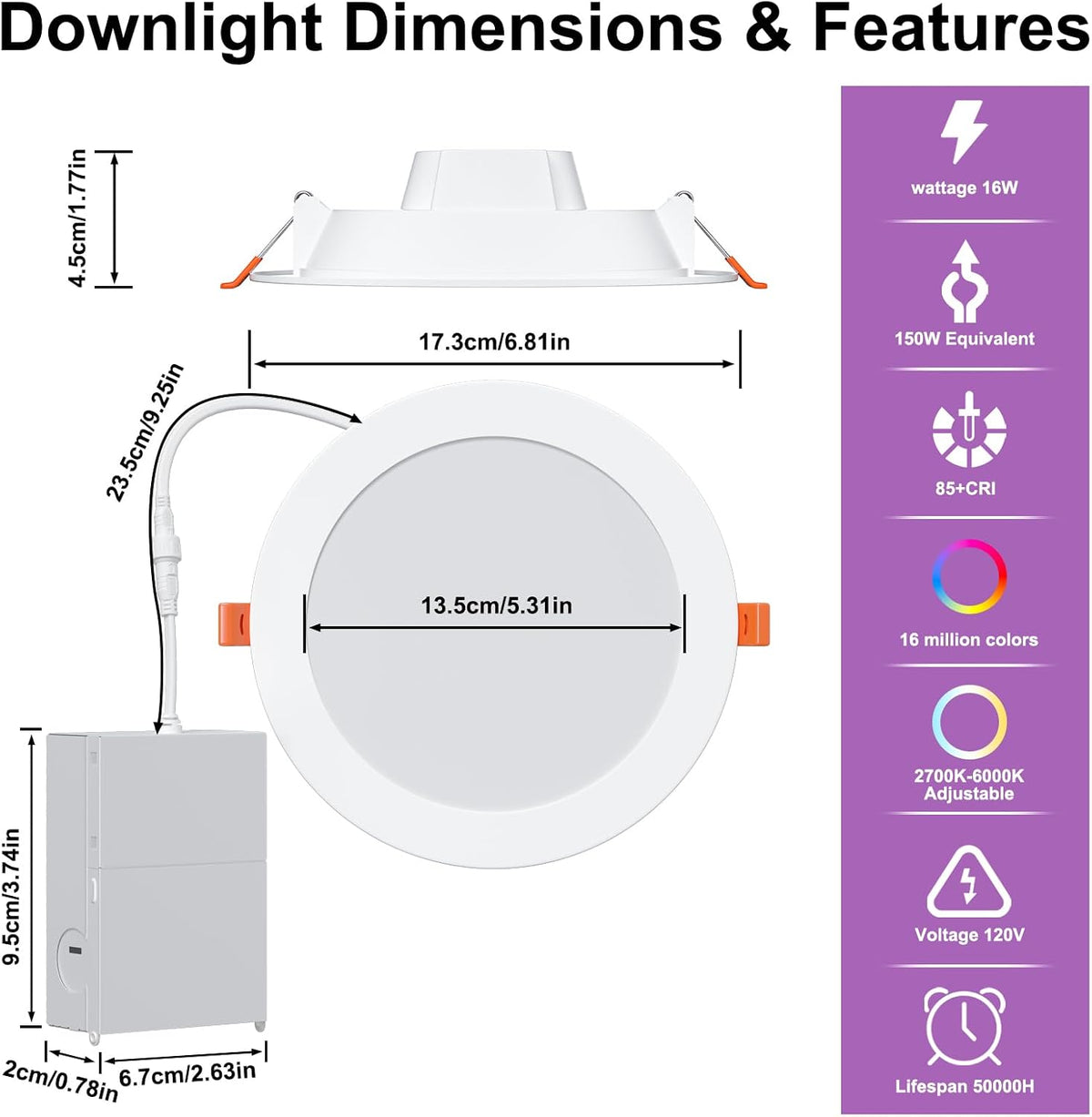 SikSog Smart Recessed Lighting 6 Inch RGBCW Color Changing 16W LED Downlight with Junction Box,1350 Lumen Recessed Ceiling Light Compatible with Alexa,Dimmable by Bluetooth Control -12Pack
