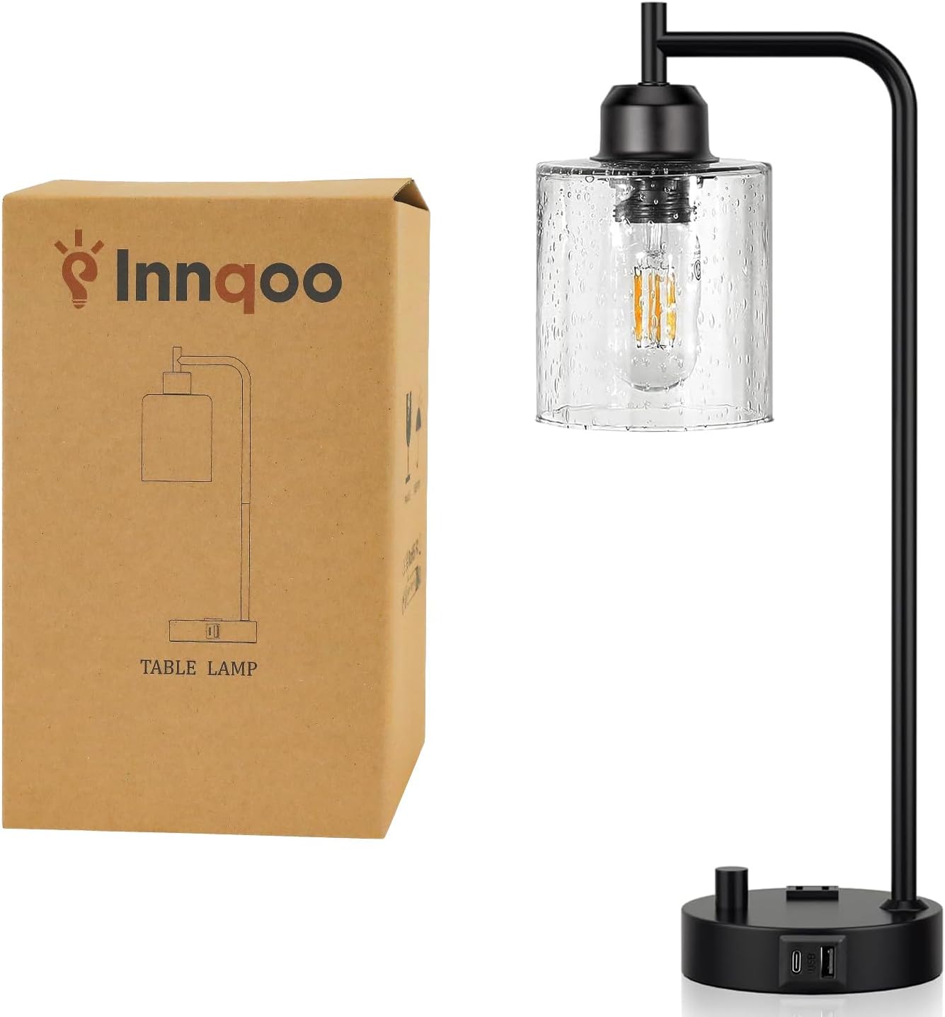 Industrial Desk Lamp, Fully Dimmable Small Bedside Table Lamp, Black, USB C | Glass Shade, USB C+A Charging Port & Outlet, Lamps for Bedroom, Night Stand, Home Office, Living Room