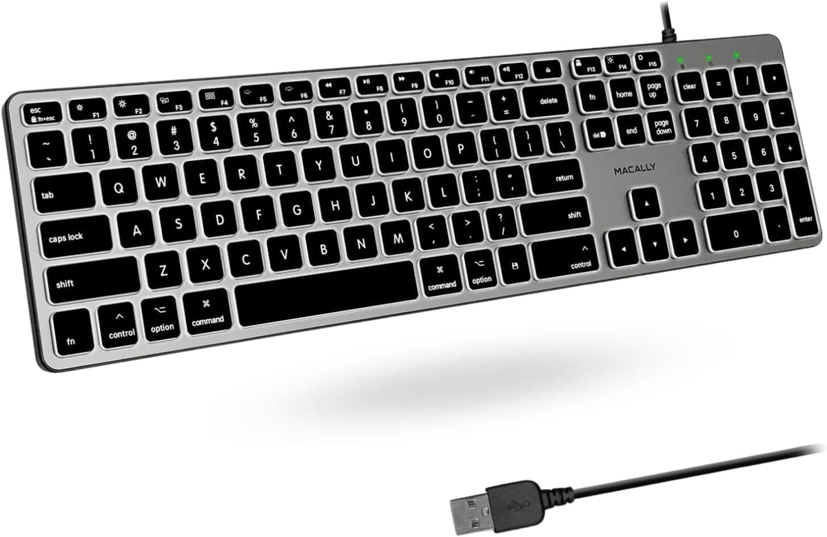 Macally Backlit Wired Keyboard for Mac | Compatible Apple Keyboard with Numeric Keypad | Comfortable All Day Typing, Compatible on MacBook Pro/Air, iMac, Mac mini/Pro - Silver
