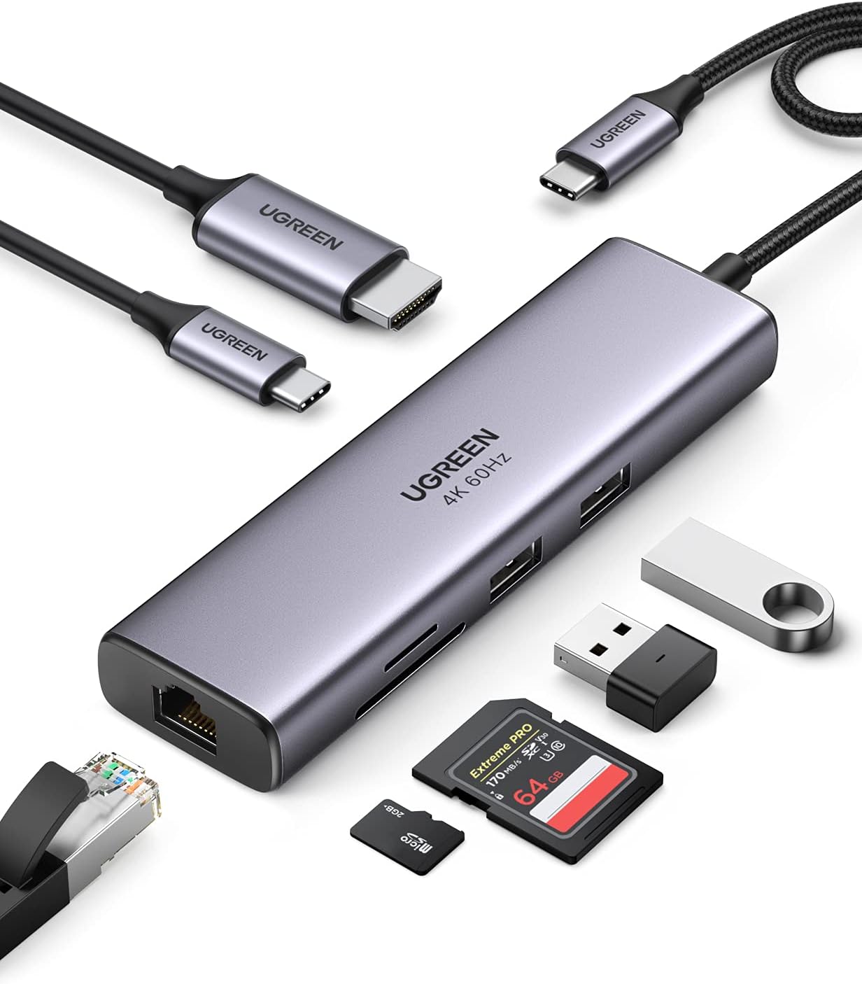 UGREEN Revodok 7 in 1 USB C Hub Gigabit Ethernet Adapter 4K@60Hz HDMI | 100W PD Charging, USB A Data Ports, SD/TF Card Reader Compatible with MacBook Neo/Pro/Air, iPad, Steam Deck